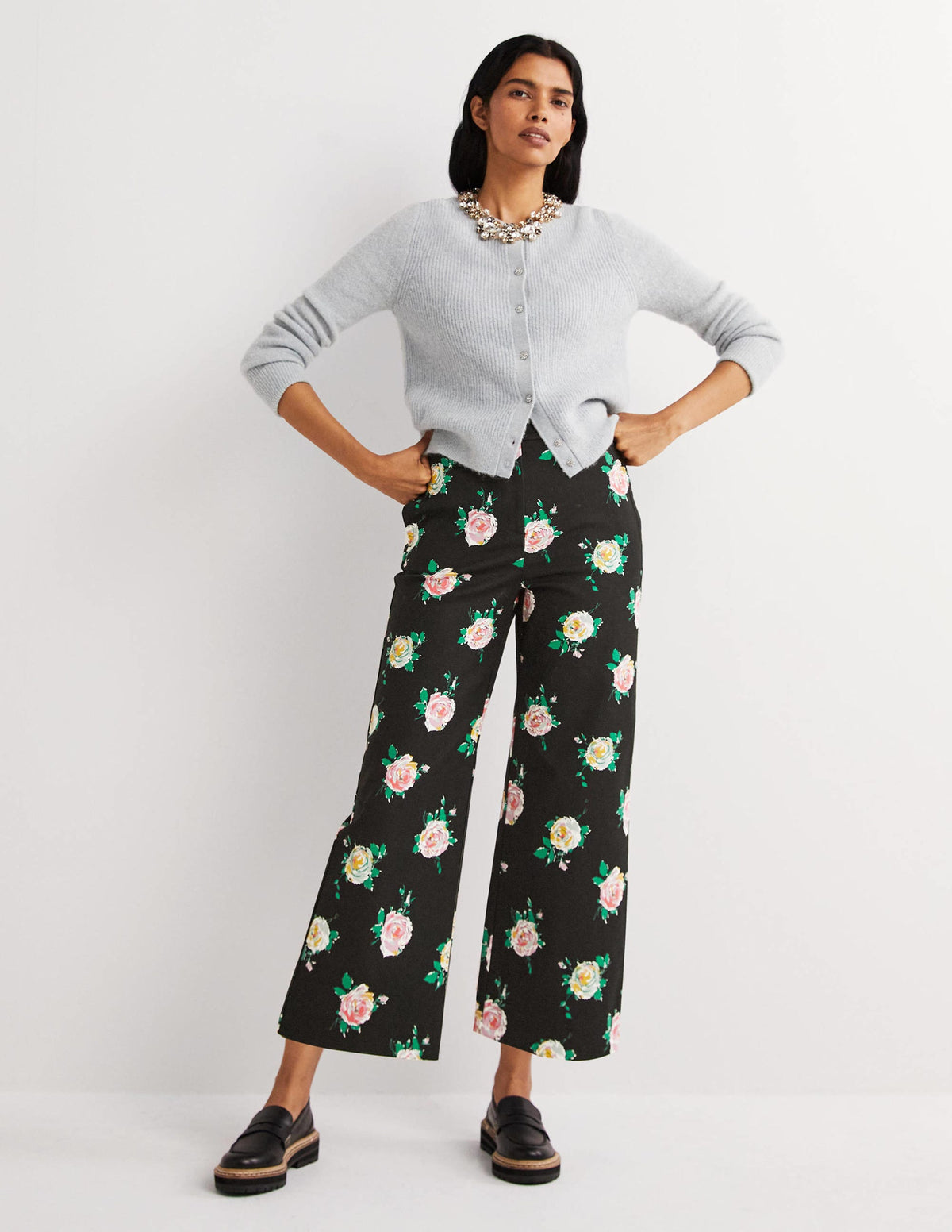 High Waisted Richmond Trousers-Black, Painterly Rose-1