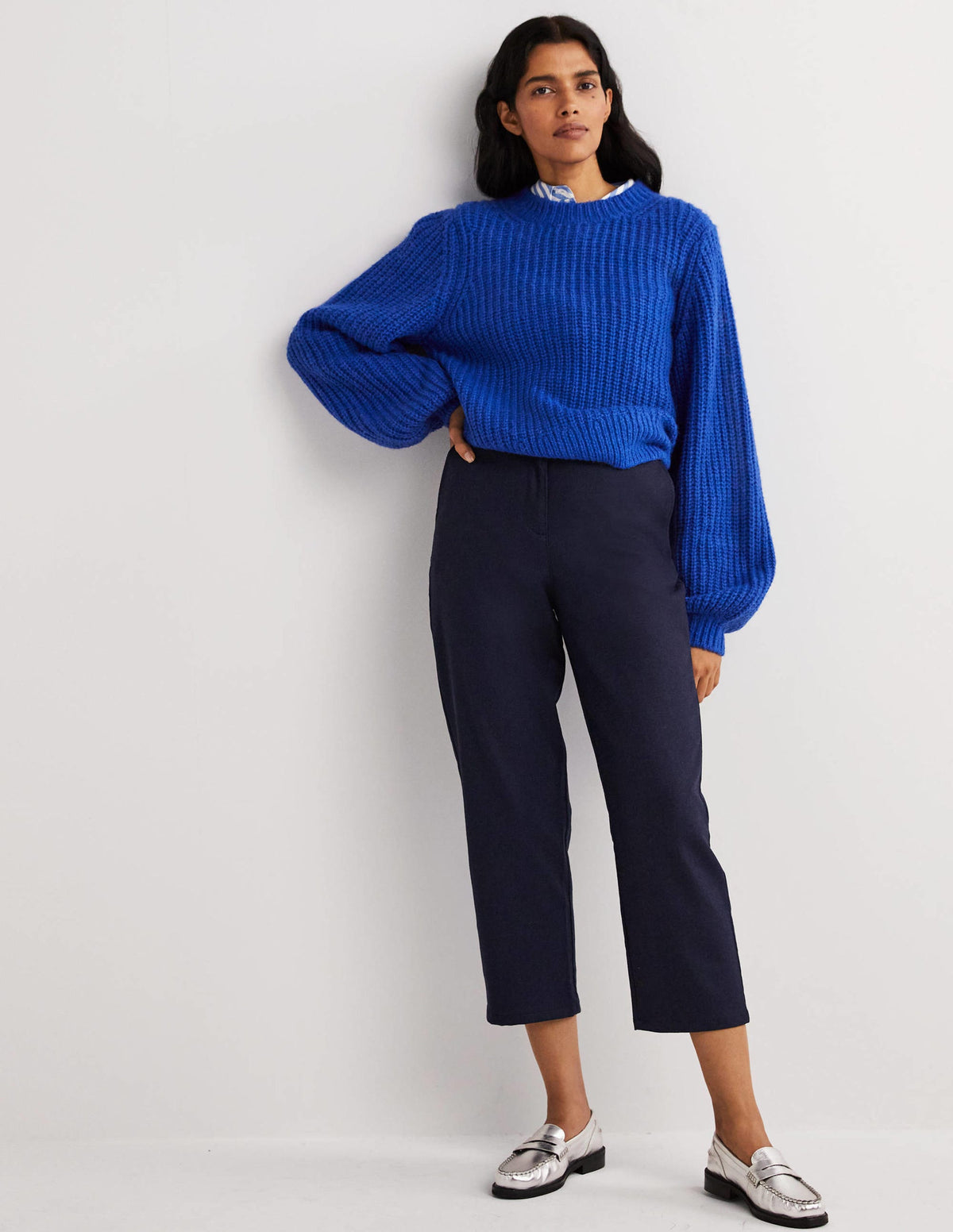 Barrel Leg Flannel Trousers-Navy - Image 1