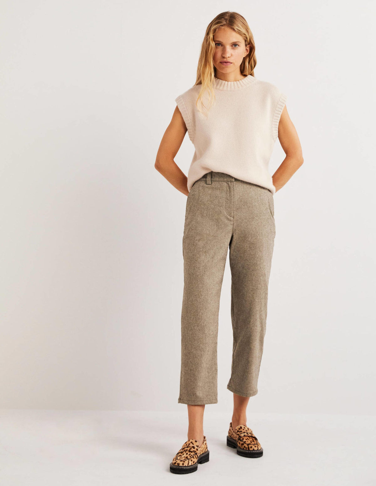 Barrel Leg Flannel Trousers-Light Oatmeal Marl - Image 1