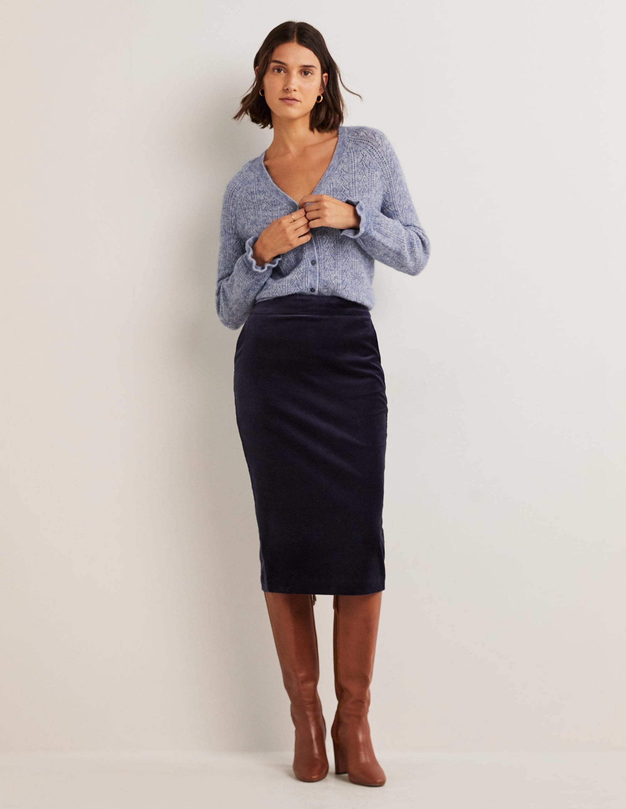 Velvet Midi Pencil Skirt-Navy - Image 1