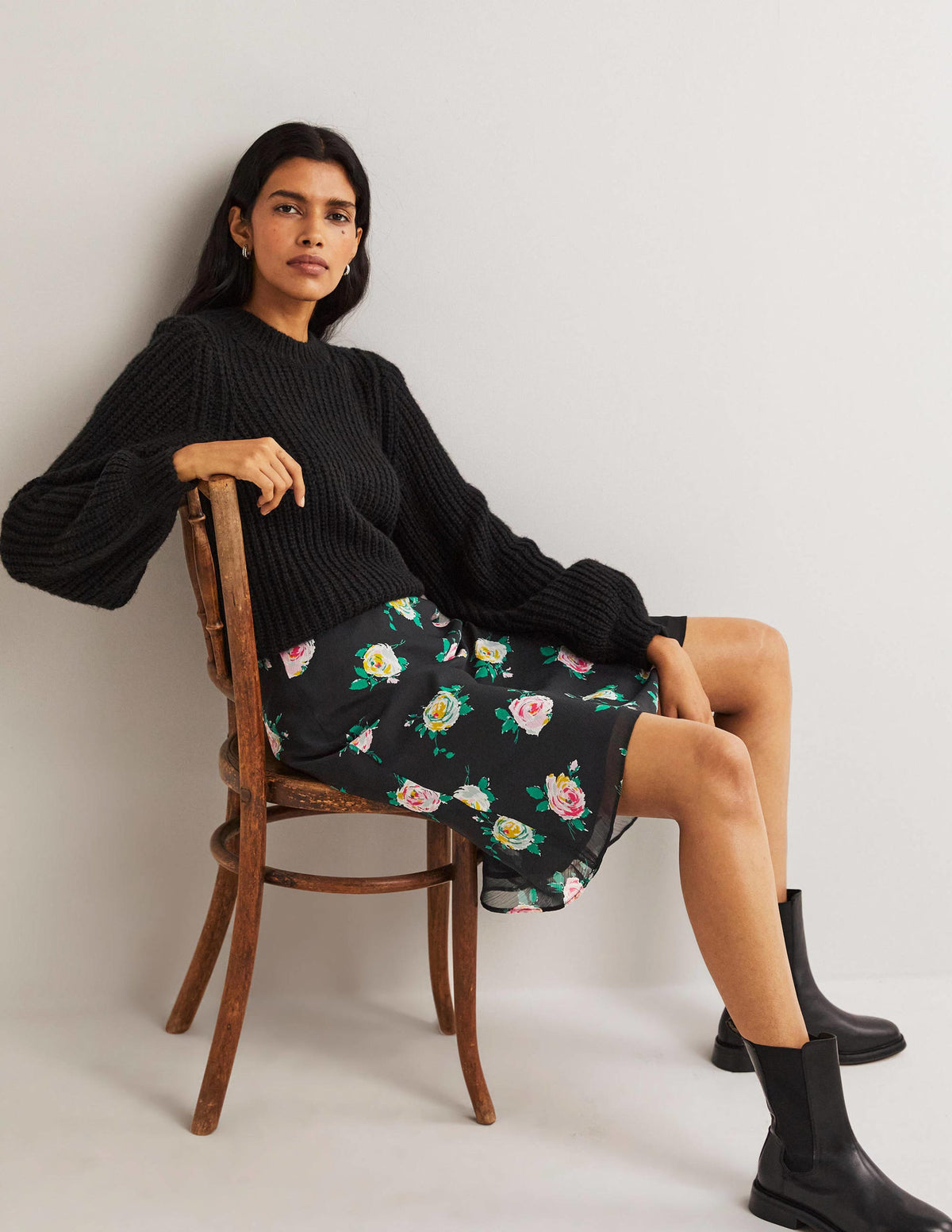 Crinkle Bias-cut Skirt-Black, Painterly Rose-1