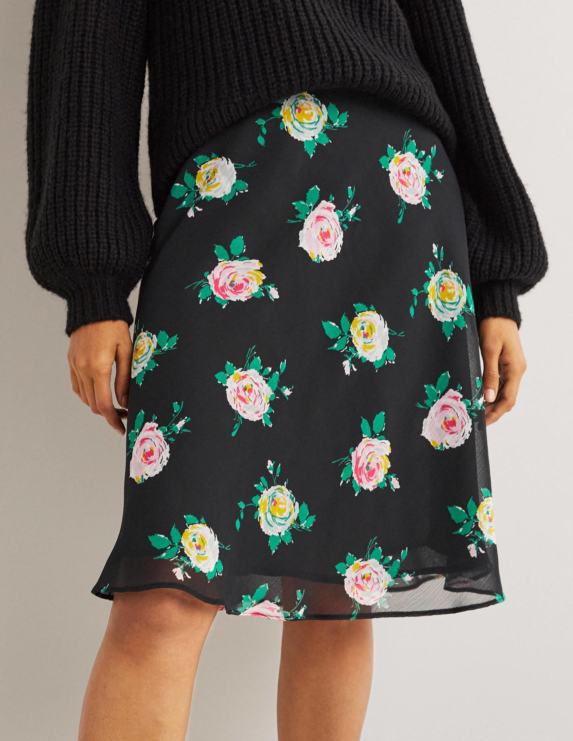 Crinkle Bias-cut Skirt-Black, Painterly Rose - Image 4