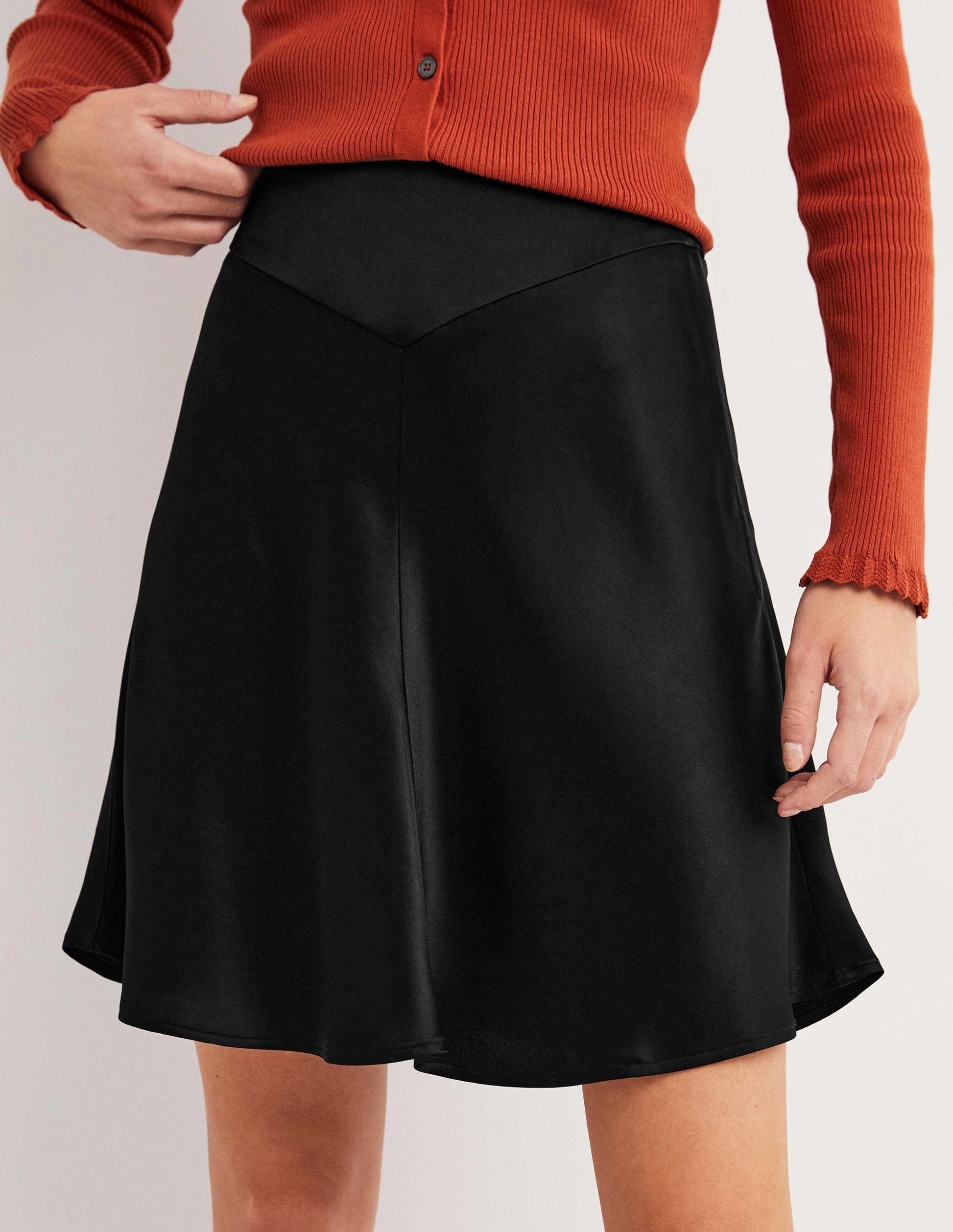 Black Satin Bias-cut Mini Skirt-Black-4