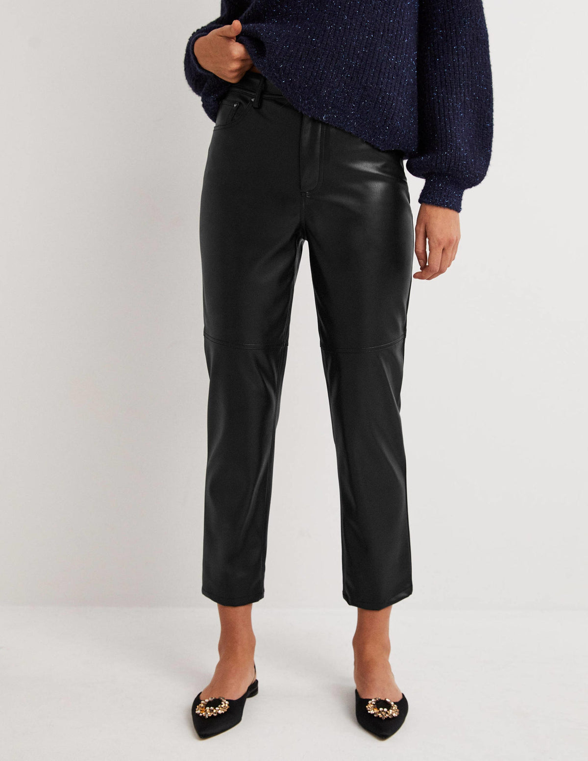 Faux Leather Straight Trousers-Black - Image 4