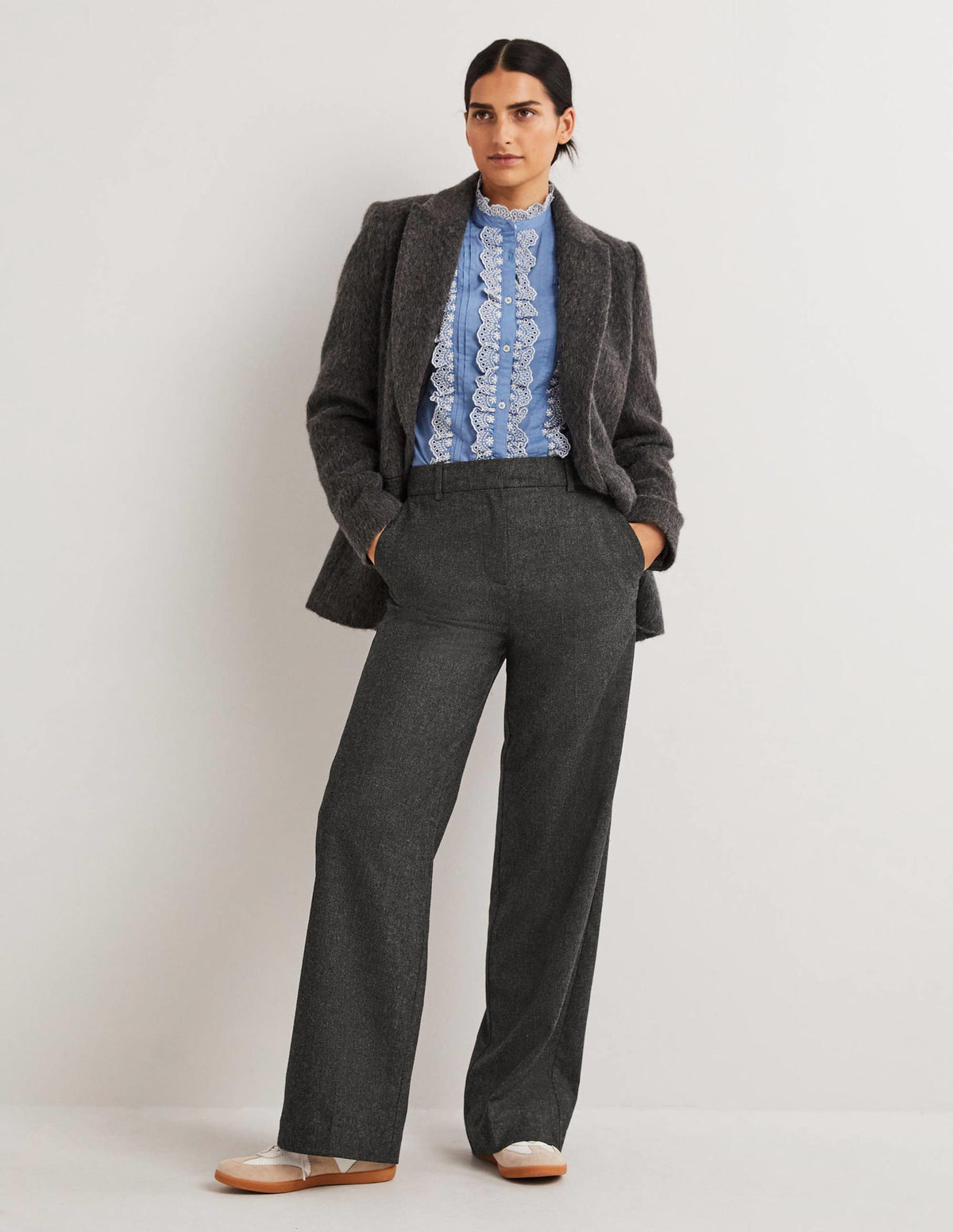 Wool Wide Leg Trousers-Charcoal Marl - Image 1