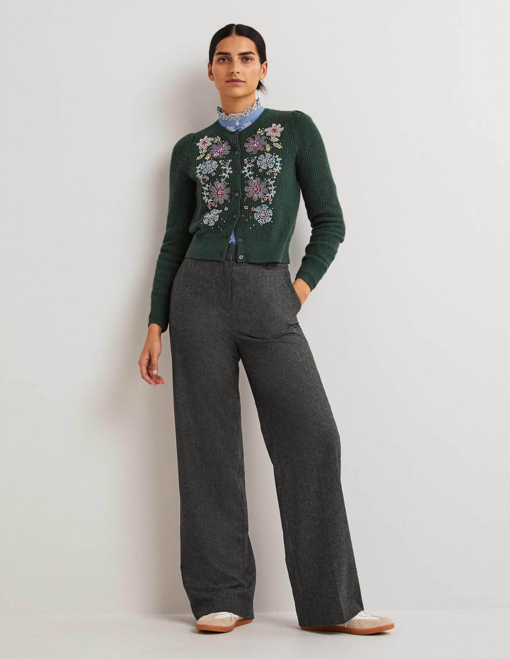 Wool Wide Leg Trousers-Charcoal Marl - Image 5