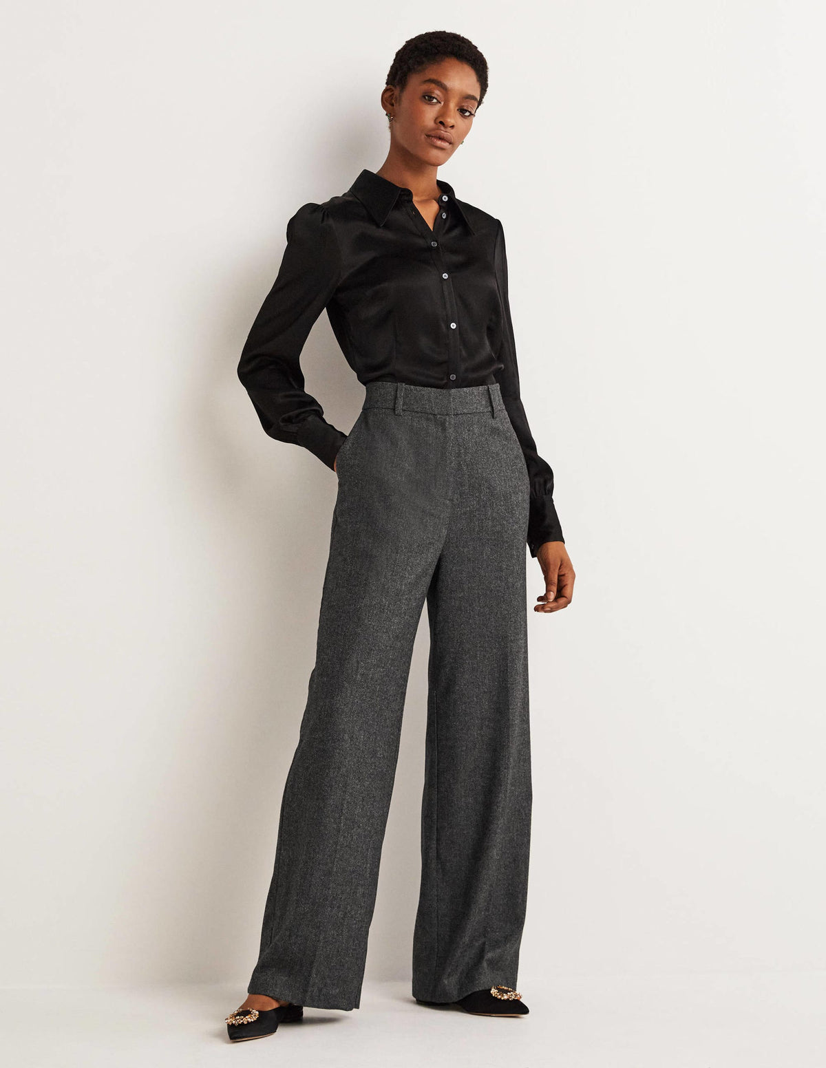 Wool Wide Leg Trousers-Grey Herringbone - Image 1