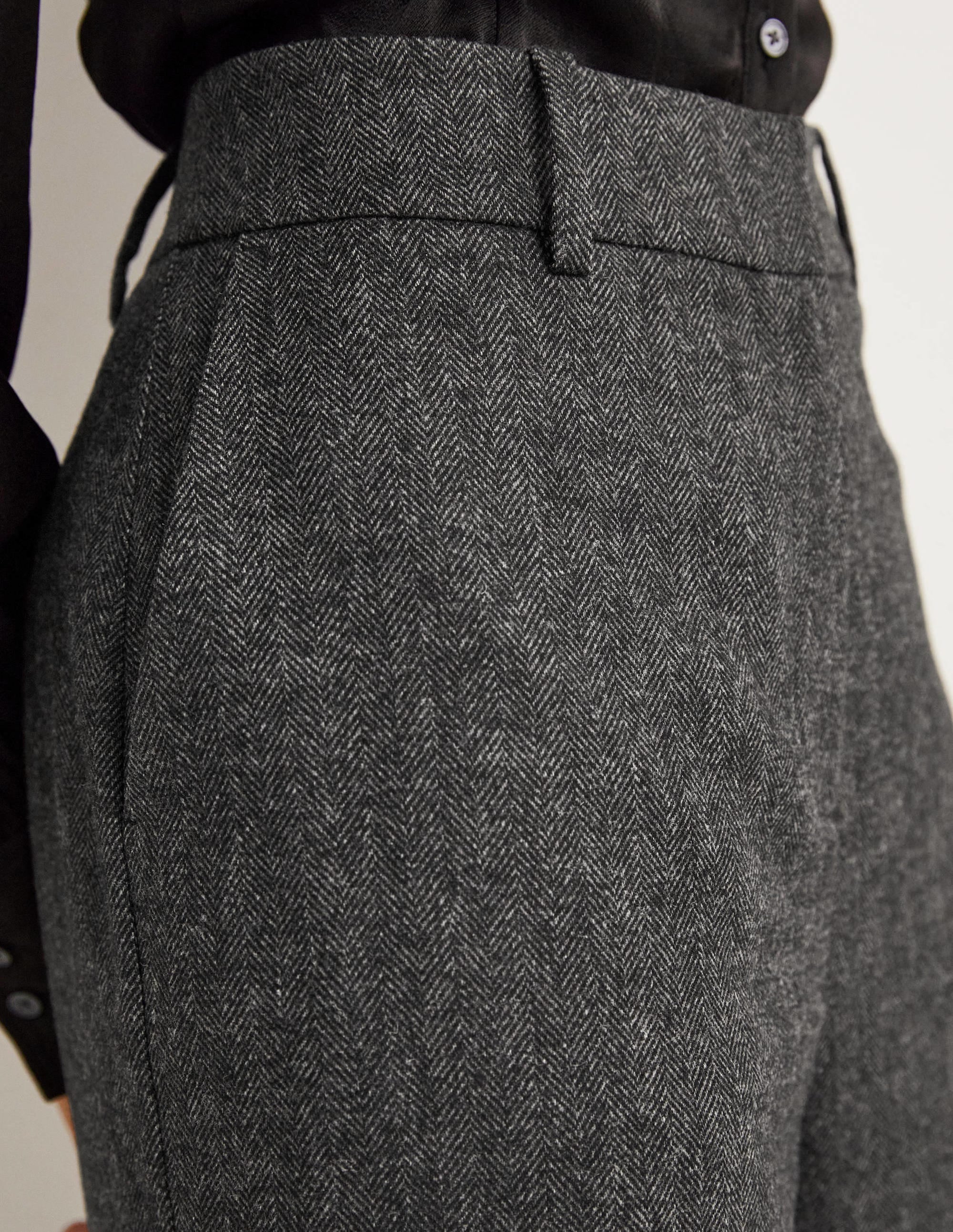 Wool Wide Leg Trousers-Grey Herringbone - Image 2