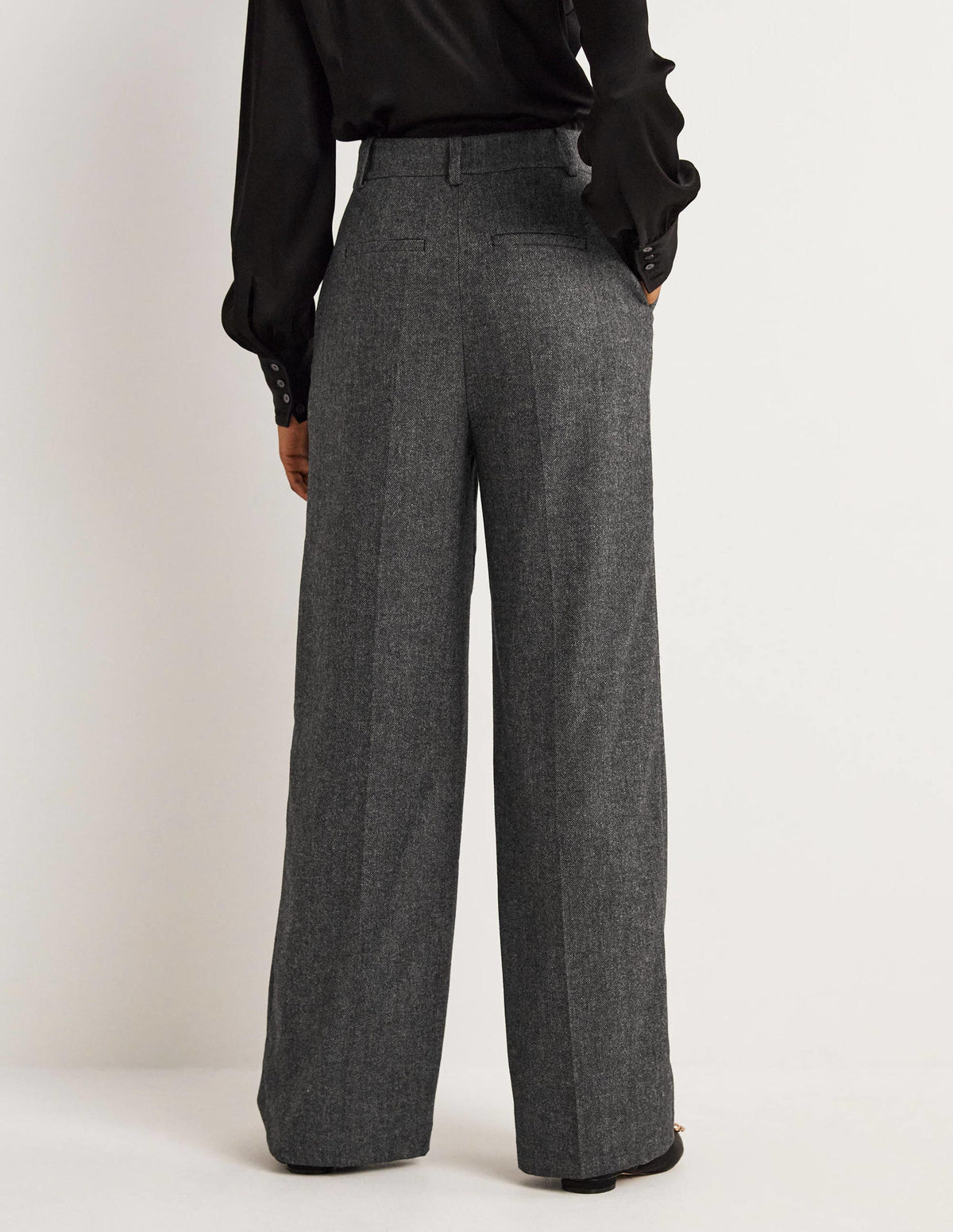Wool Wide Leg Trousers-Grey Herringbone-3