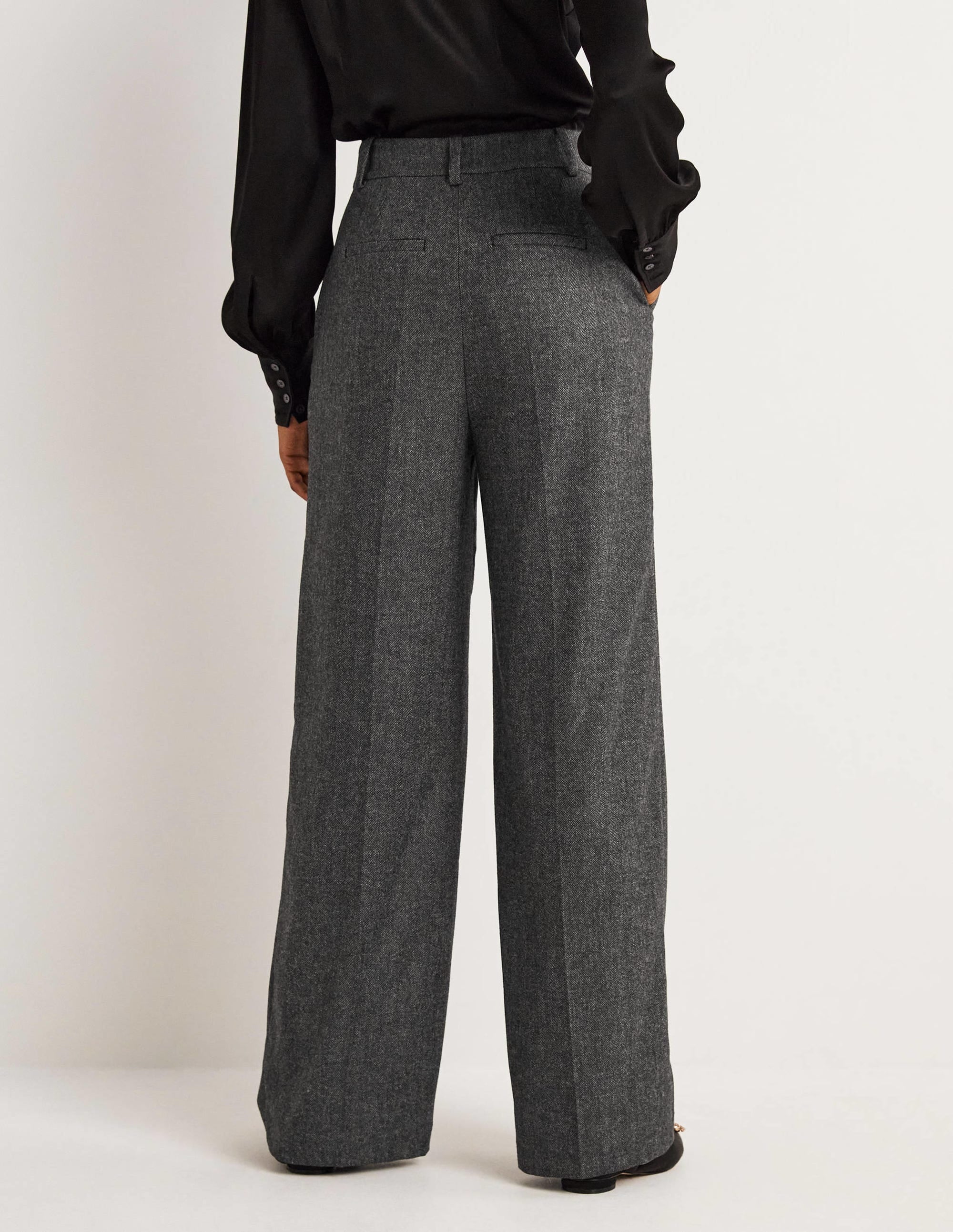 Wool Wide Leg Trousers-Grey Herringbone - Image 3