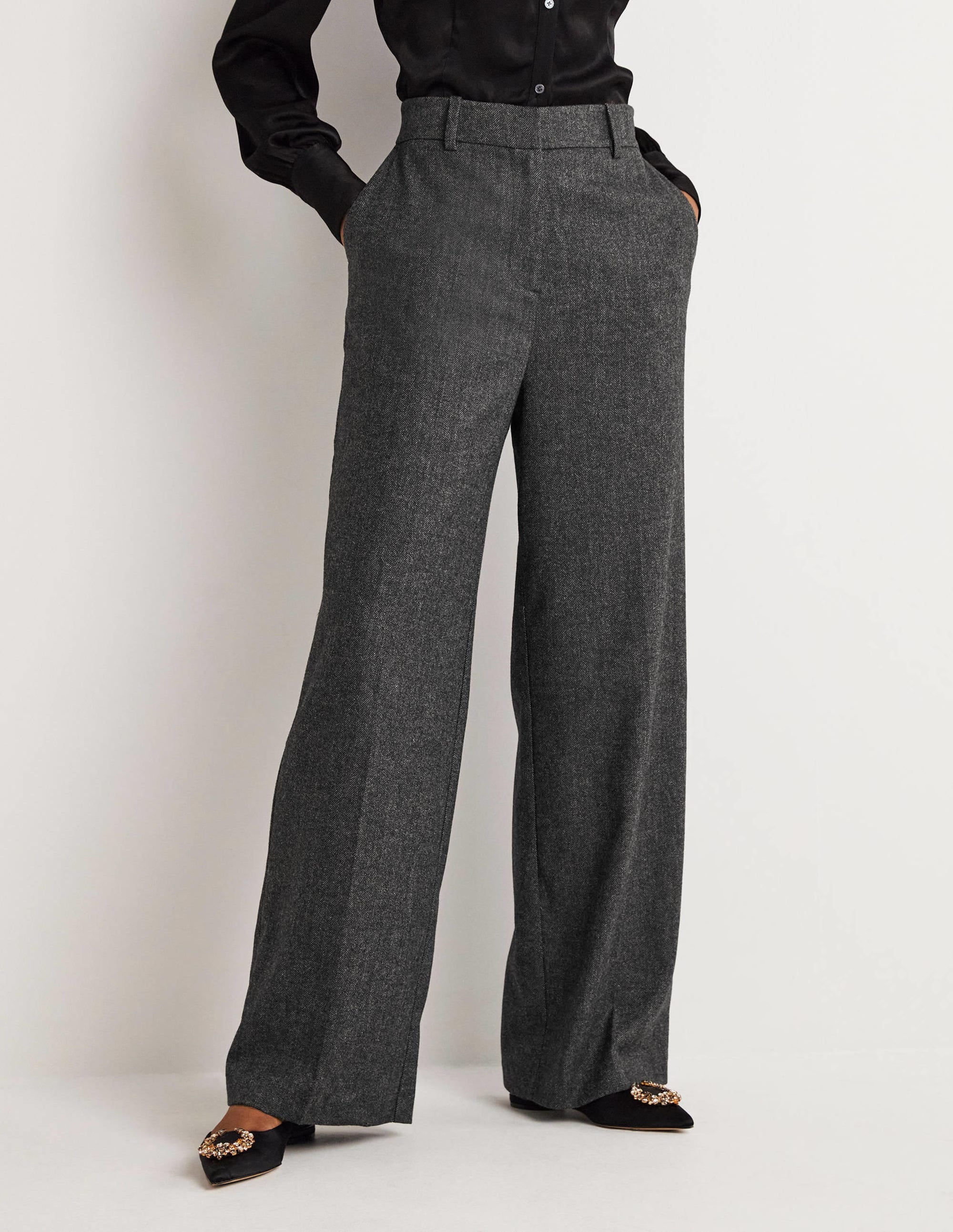 Wool Wide Leg Trousers-Grey Herringbone - Image 4