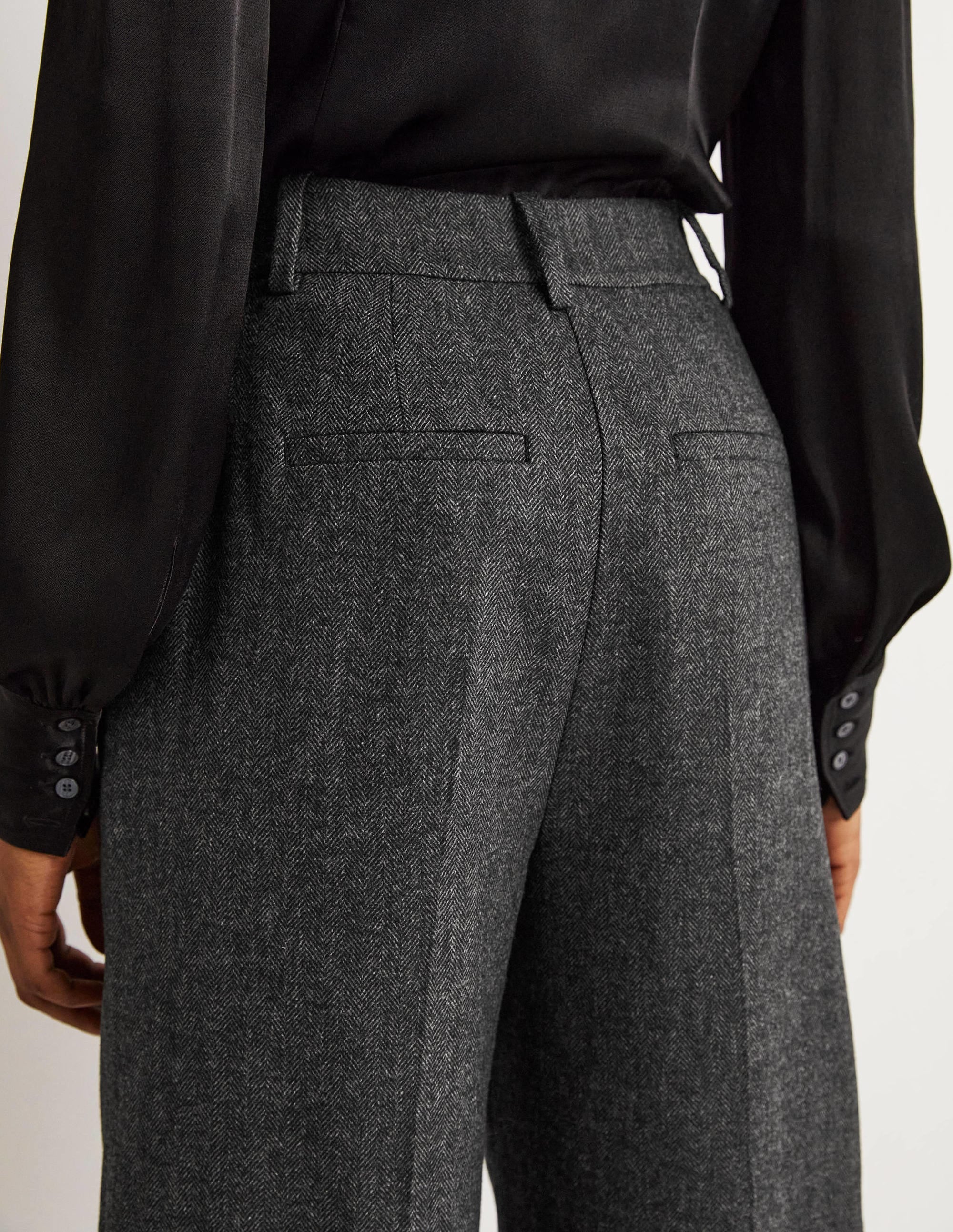 Wool Wide Leg Trousers-Grey Herringbone - Image 5