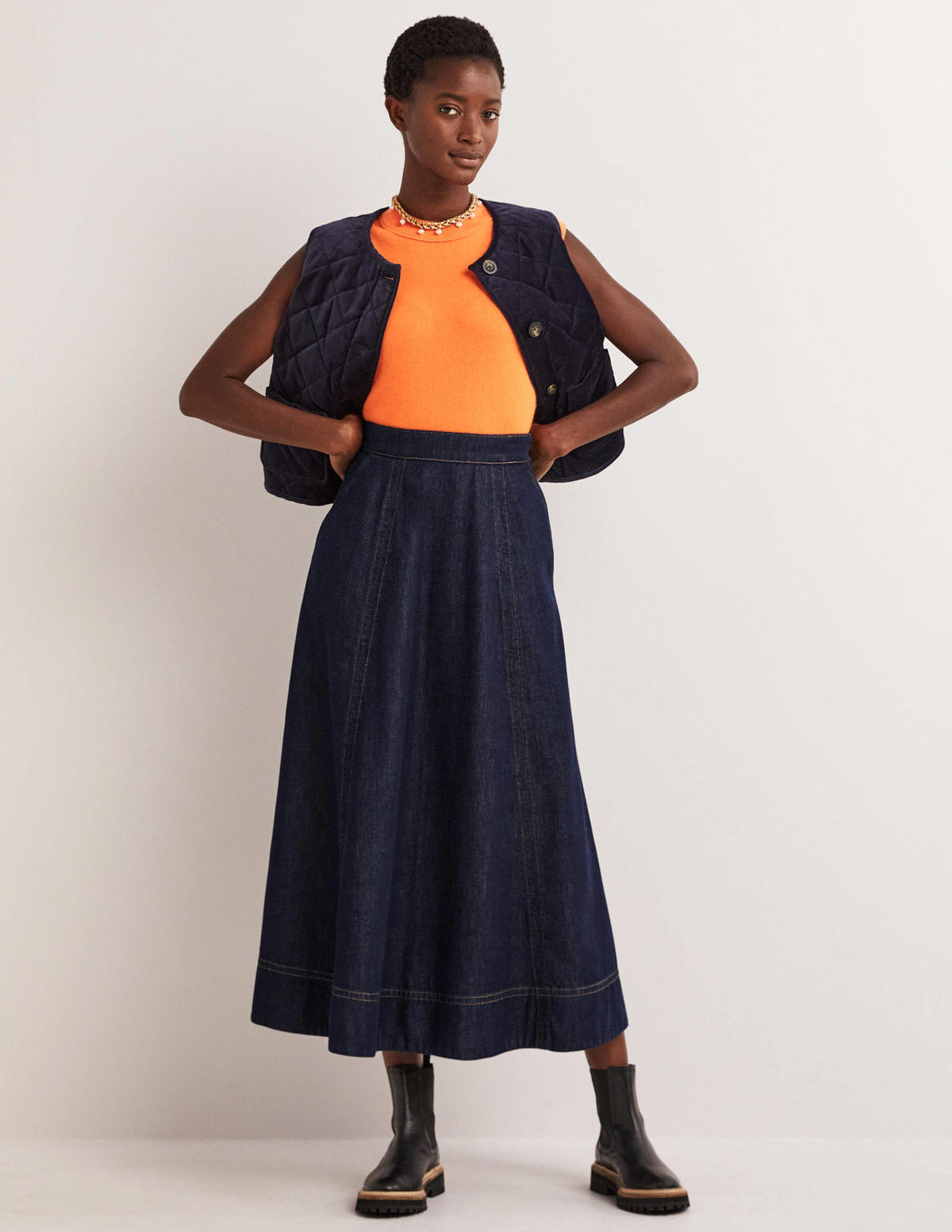 Panelled Denim Midi Skirt-Indigo - Image 1