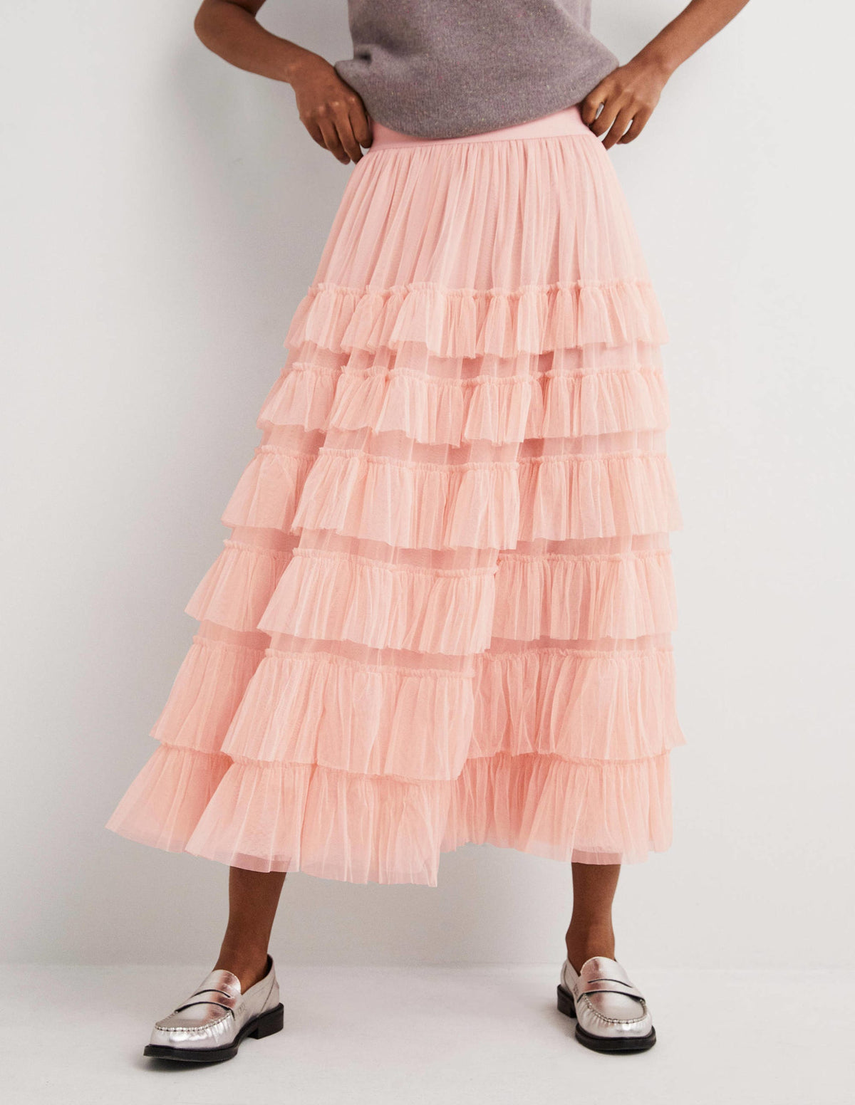 Pink Ruffle Tulle Midi Skirt-Antique Rose - Image 4