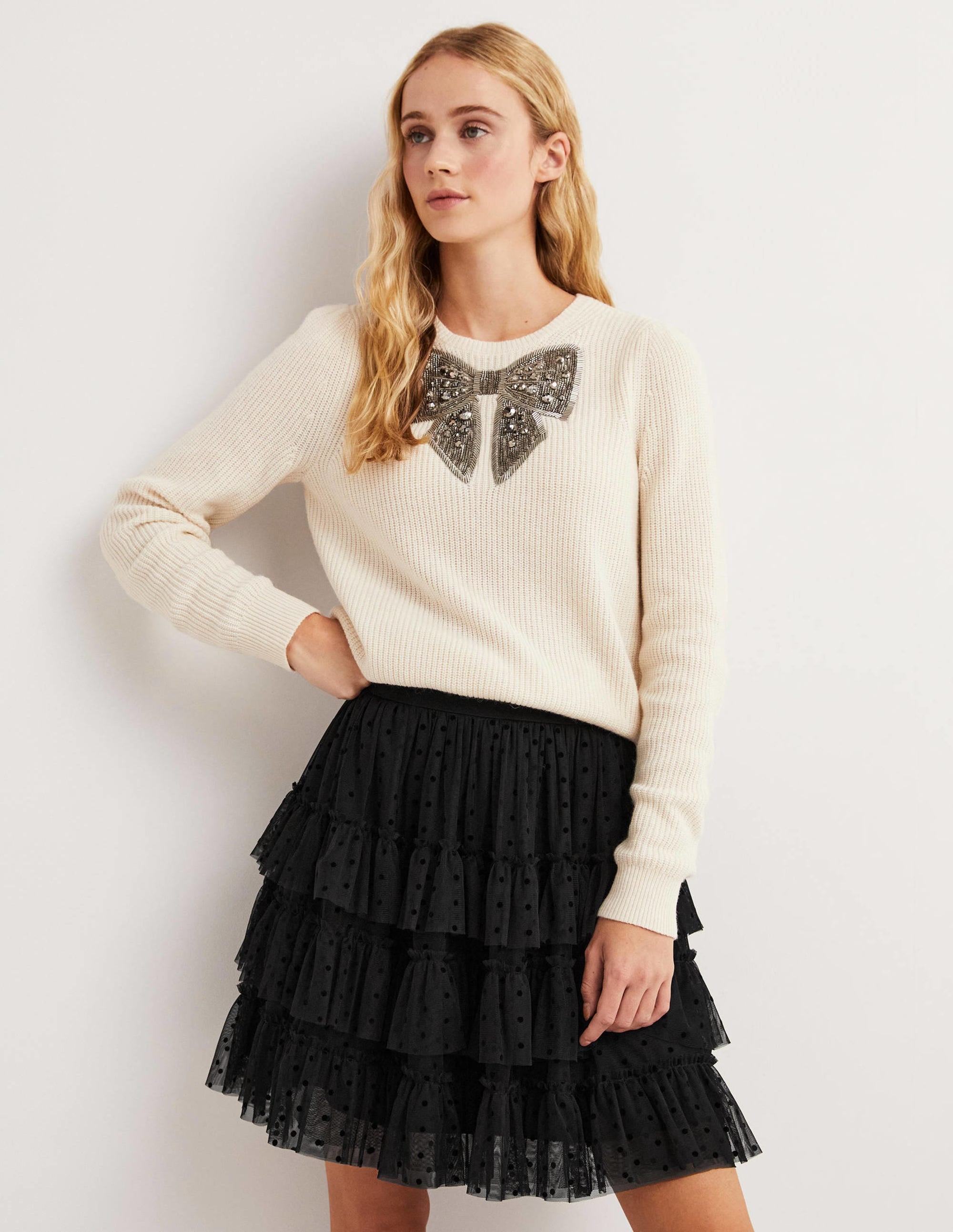 Black Polka Dot Ruffle Tulle Mini Skirt-Black - Image 1