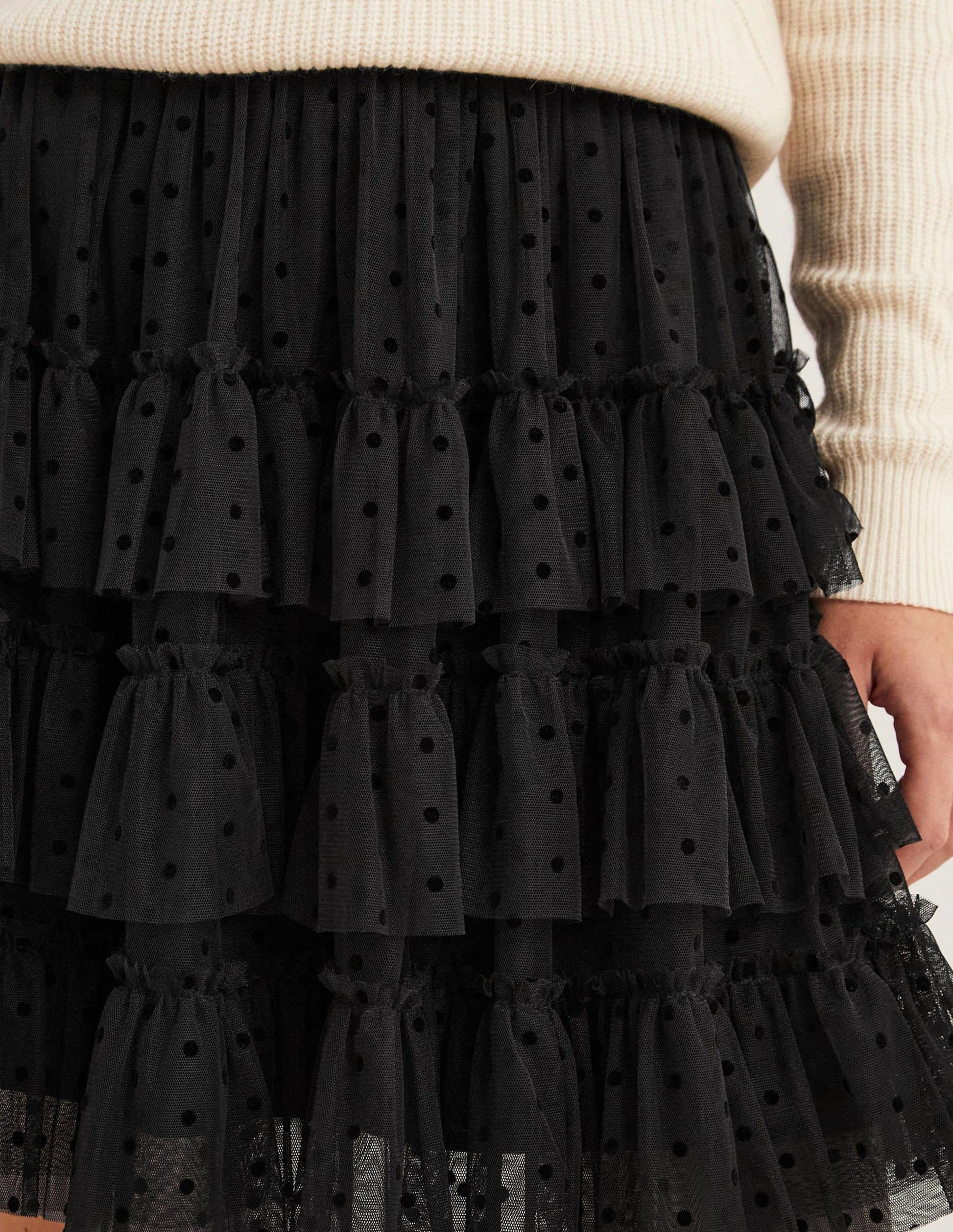 Black Polka Dot Ruffle Tulle Mini Skirt-Black-2
