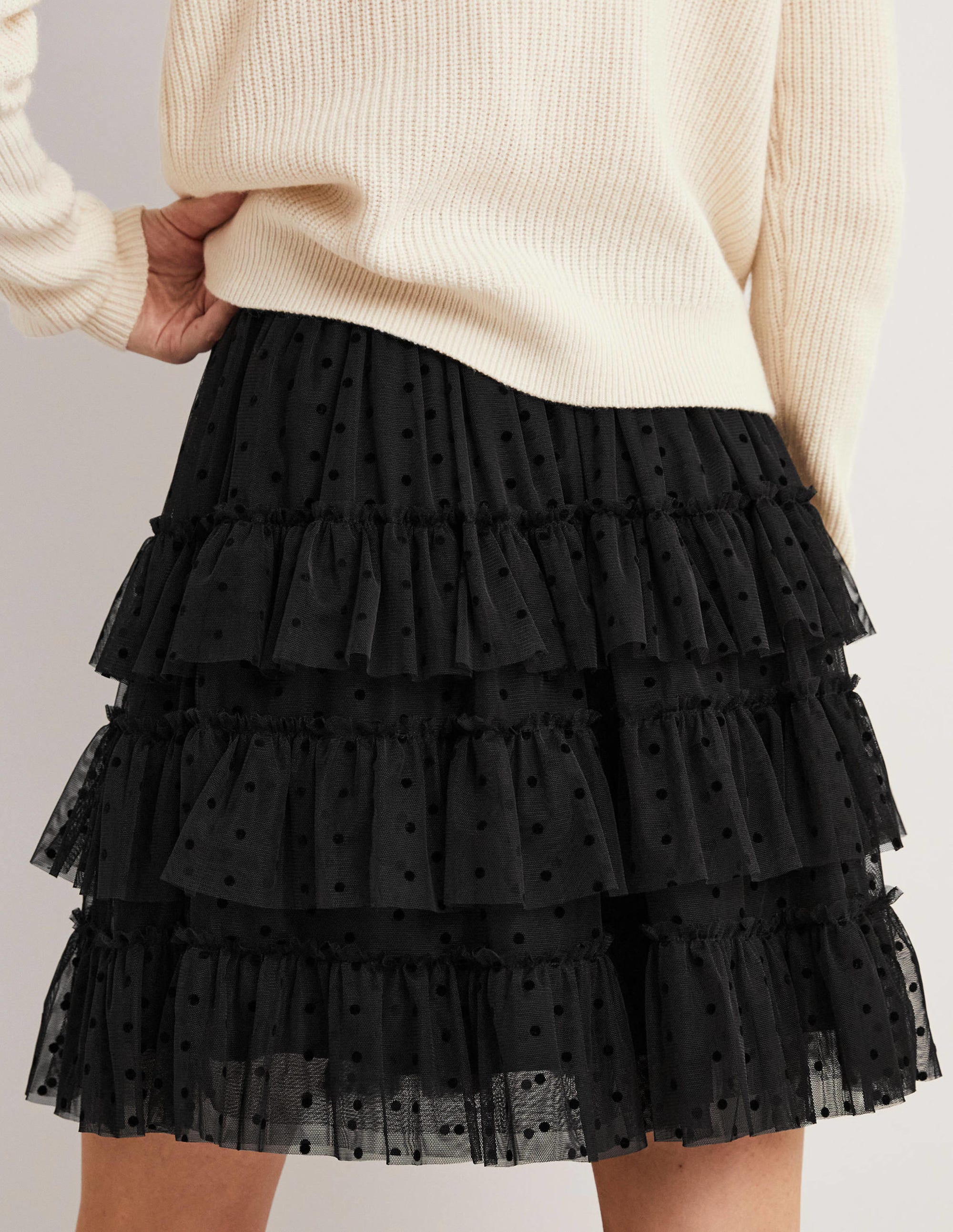 Black Polka Dot Ruffle Tulle Mini Skirt-Black - Image 3