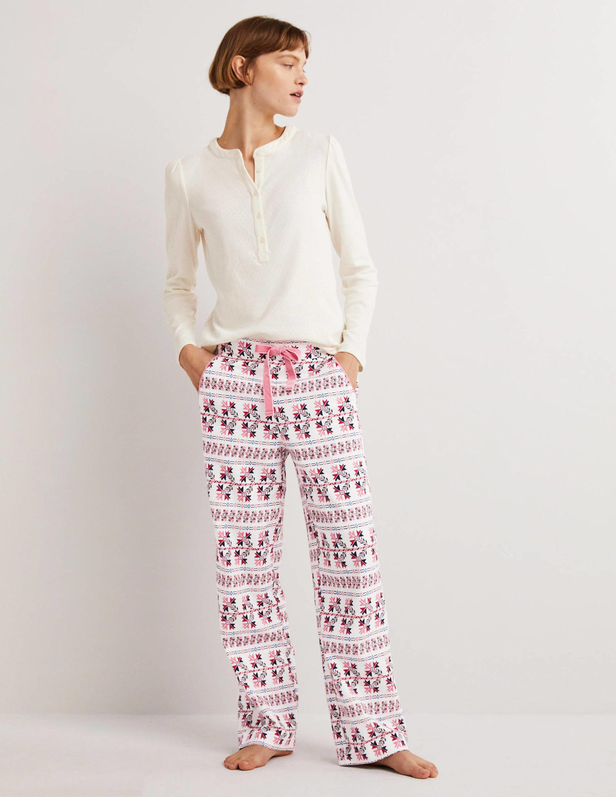 White Aztec Print Pyjama Bottoms-Ivory, Aztec Bloom - Image 1