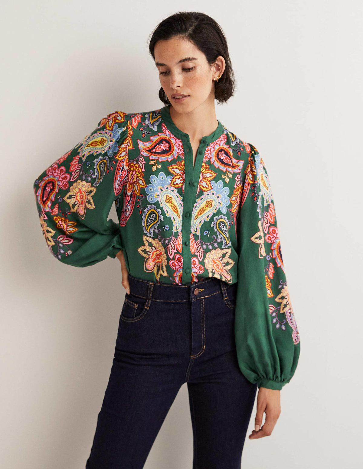 Blouson Sleeve Blouse-Trekking Green, Paisley Charm - Image 1