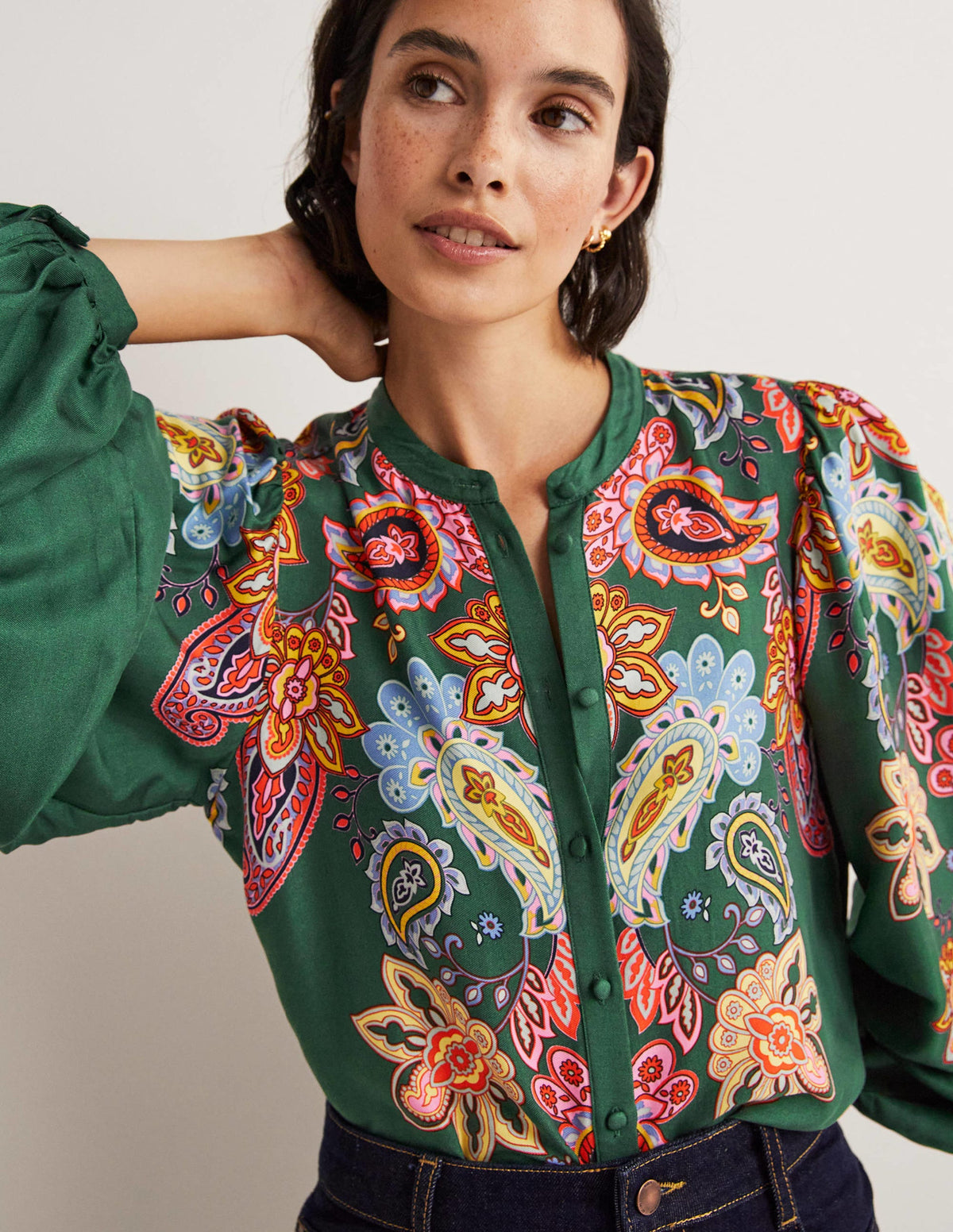 Blouson Sleeve Blouse-Trekking Green, Paisley Charm - Image 2