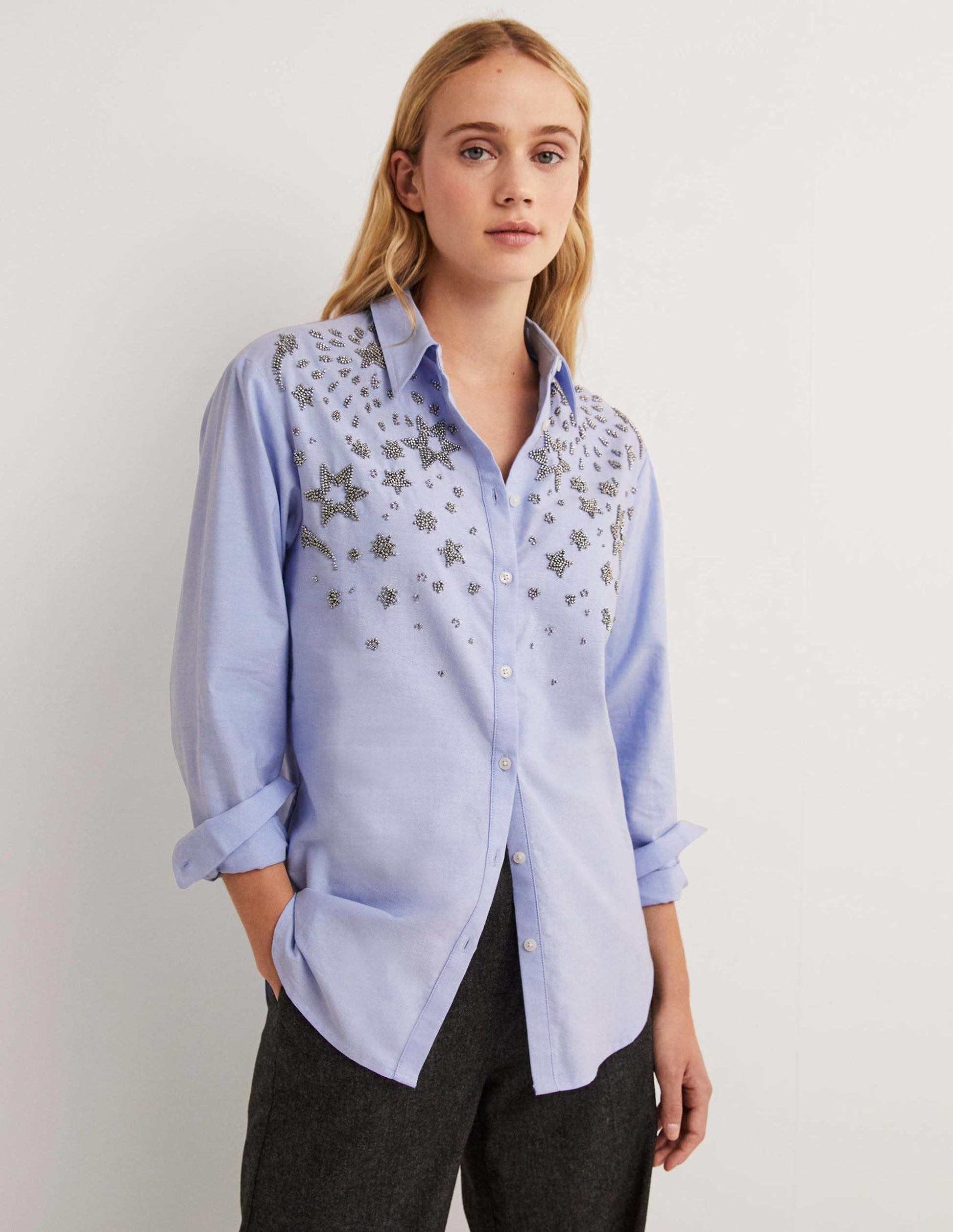 Relaxed Cotton Shirt-Chambray, Embellished-1