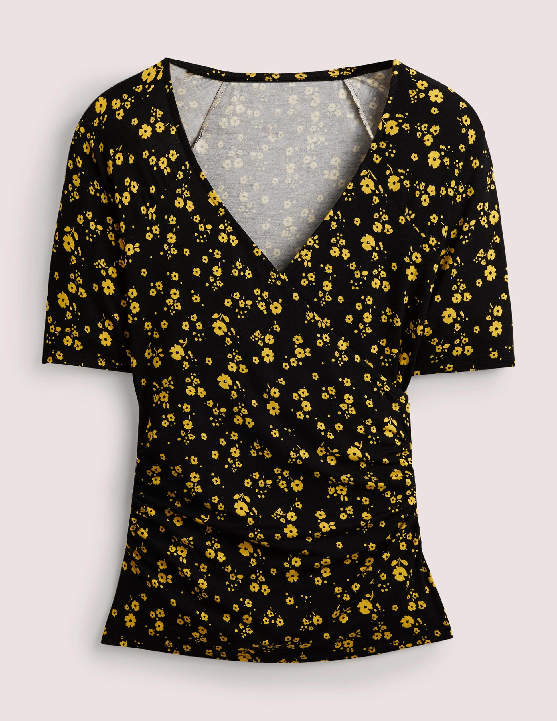 Short Sleeve Wrap Top-Black, Floral Sprig-6