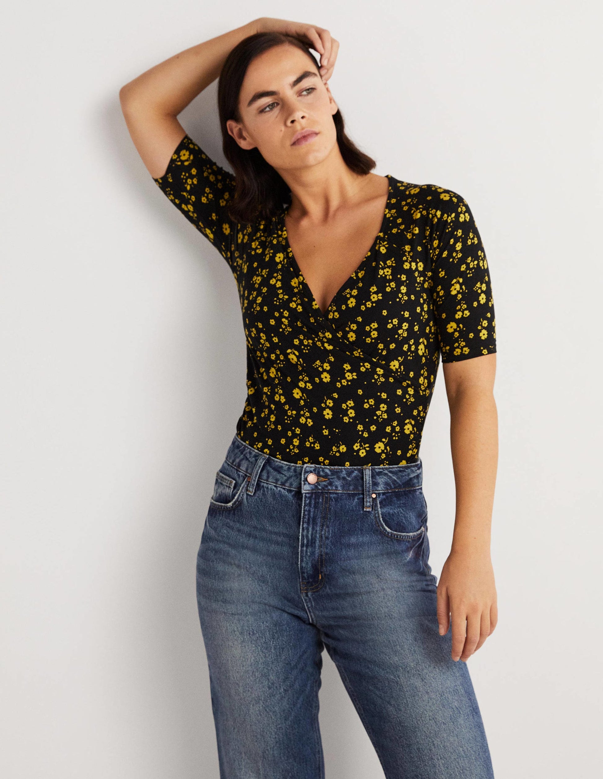 Short Sleeve Wrap Top-Black, Floral Sprig-1