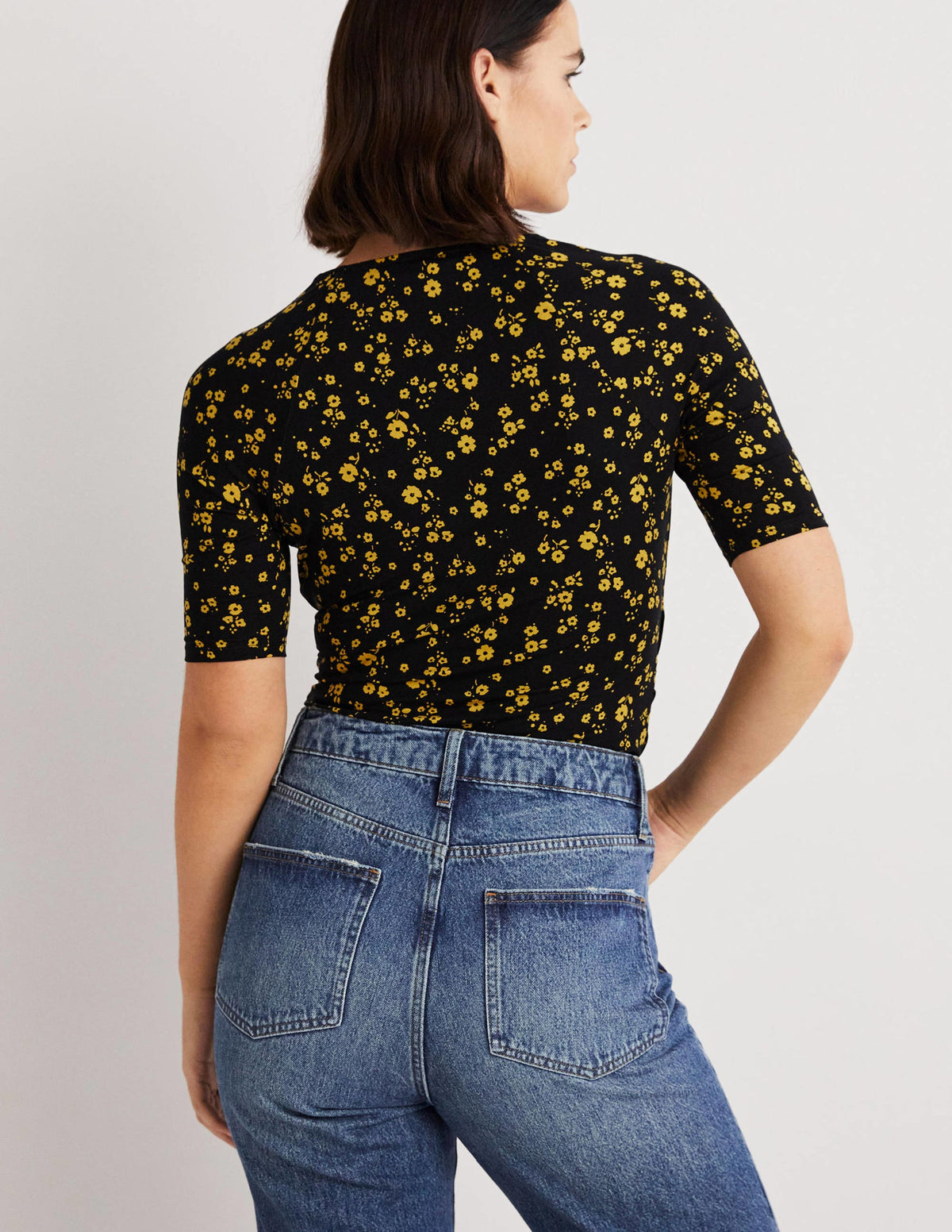 Short Sleeve Wrap Top-Black, Floral Sprig-3