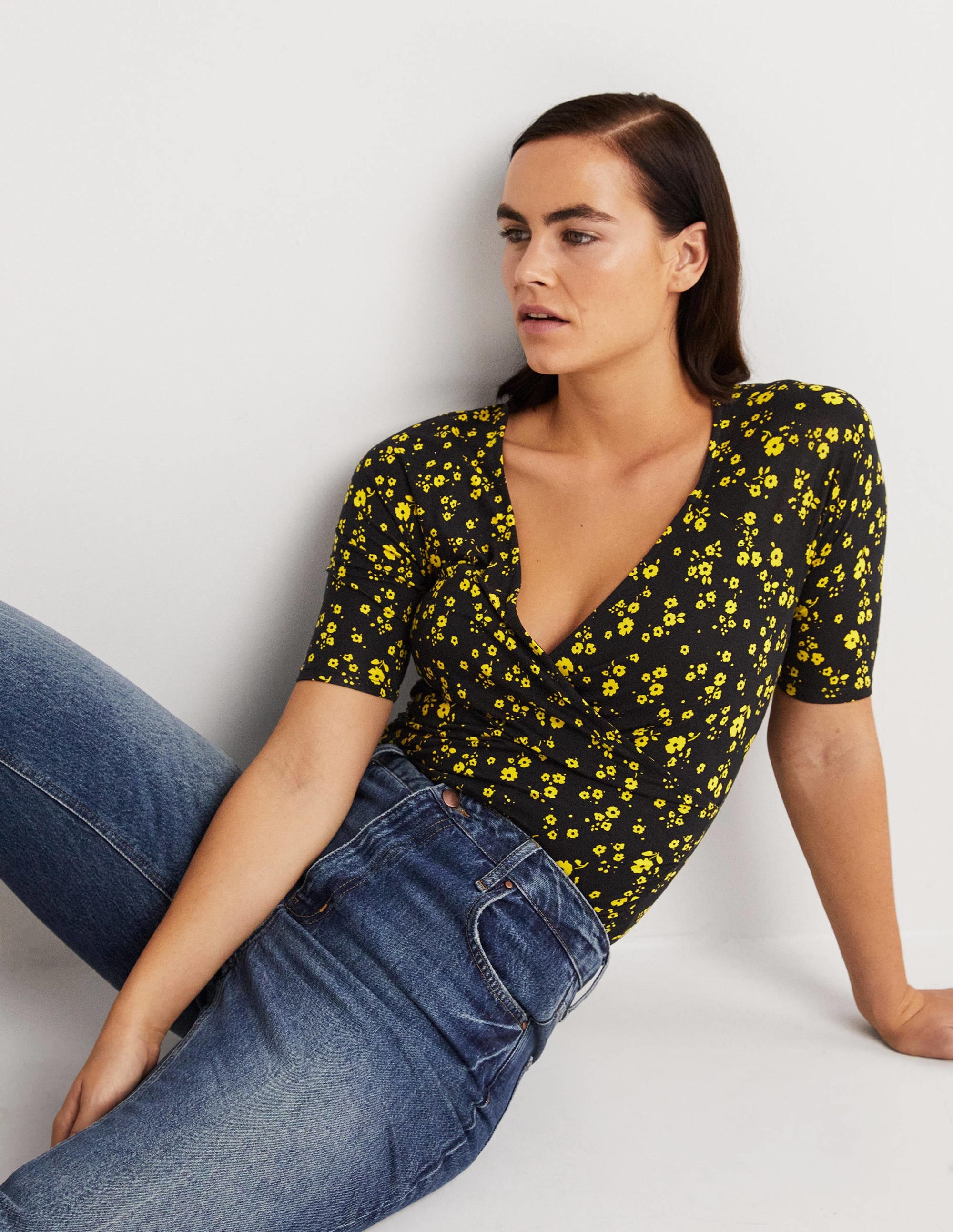 Short Sleeve Wrap Top-Black, Floral Sprig - Image 4