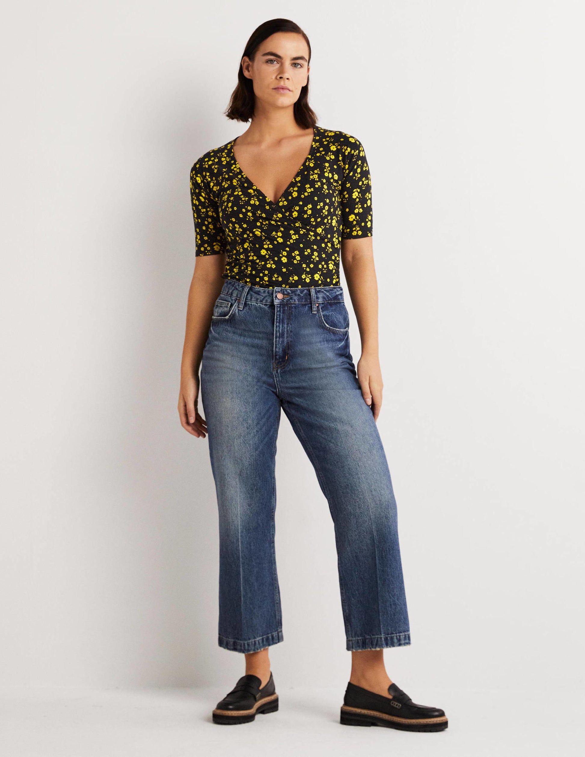 Short Sleeve Wrap Top-Black, Floral Sprig-5
