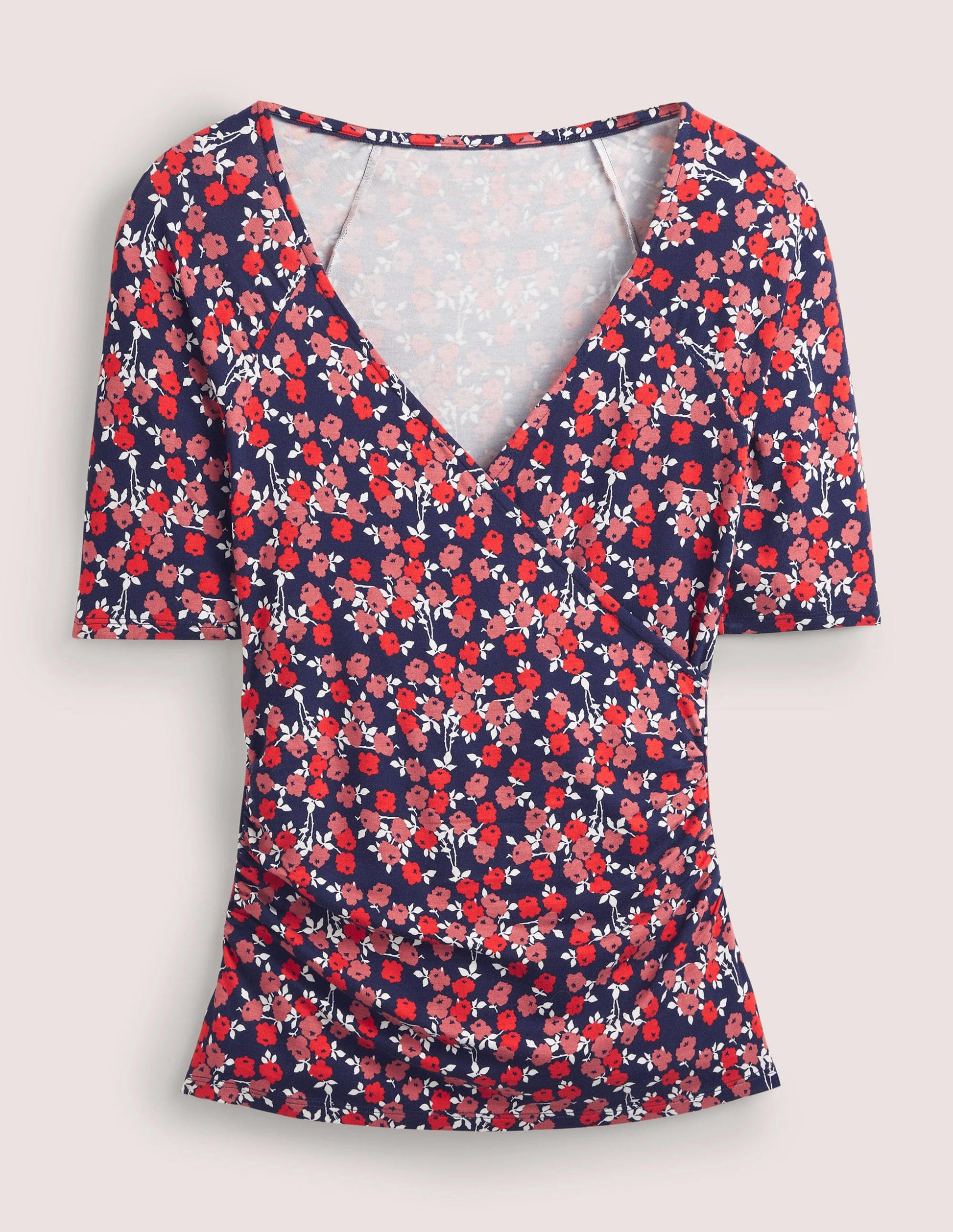 Short Sleeve Wrap Top-Cherry Red, Abstract Sprig-6