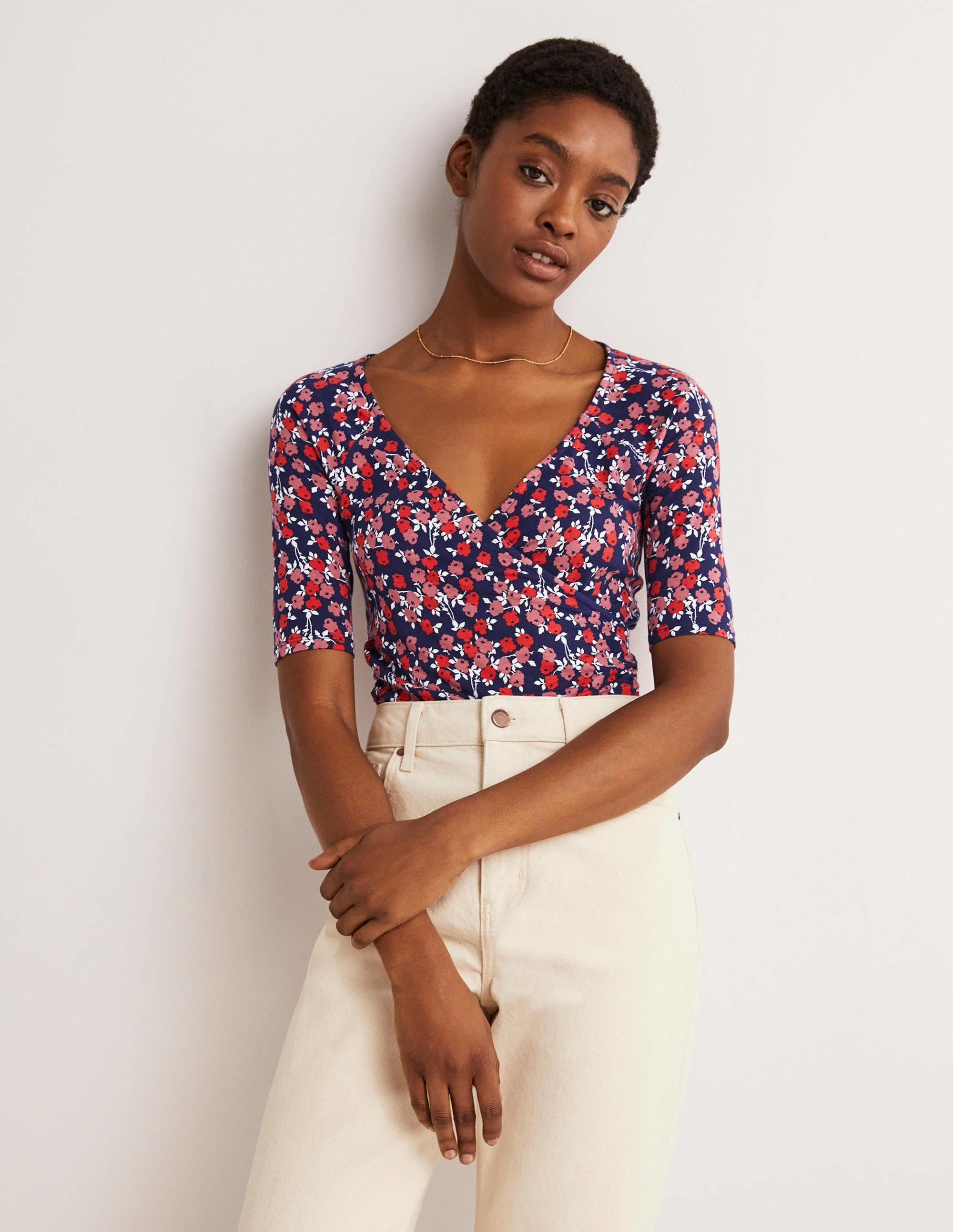 Short Sleeve Wrap Top-Cherry Red, Abstract Sprig - Image 1