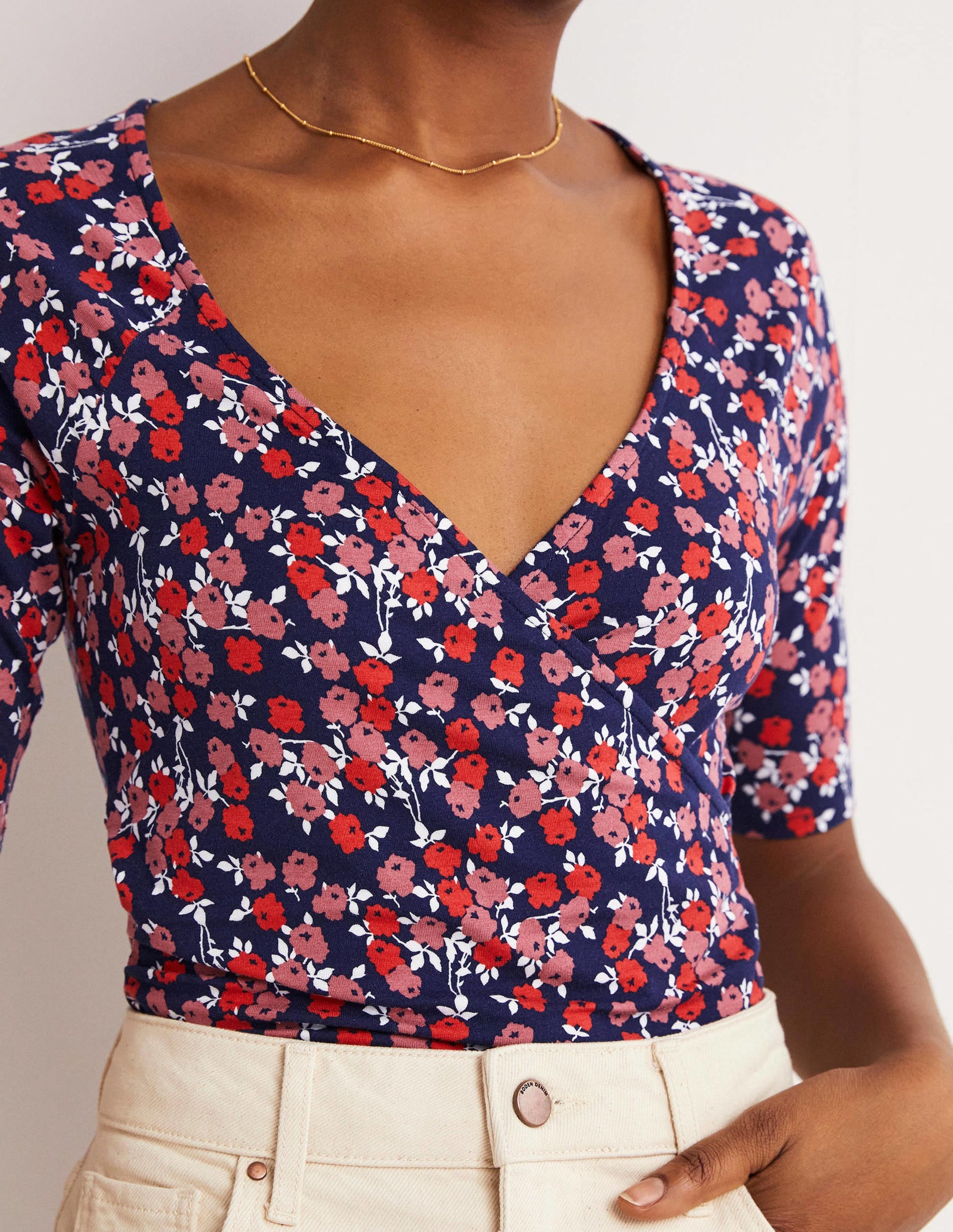 Short Sleeve Wrap Top-Cherry Red, Abstract Sprig-2