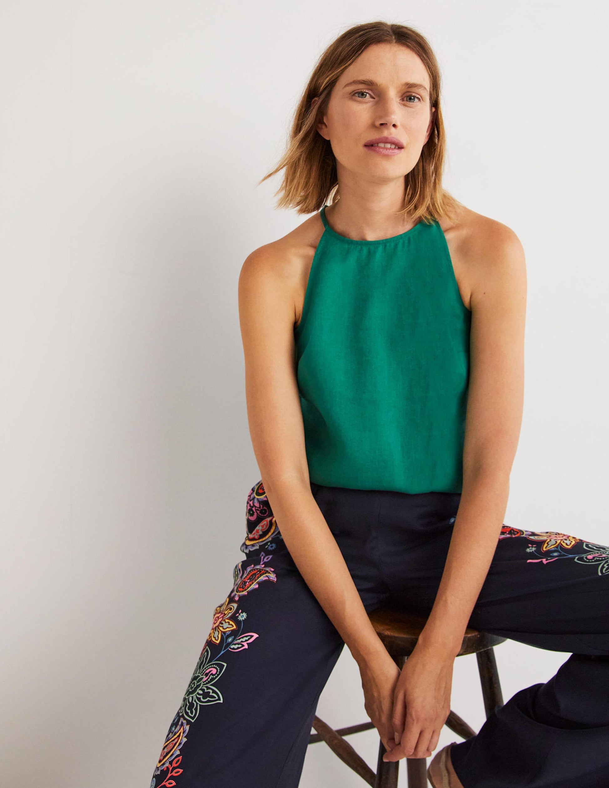 Strappy Halterneck Linen Top-Shady Glade Green-1