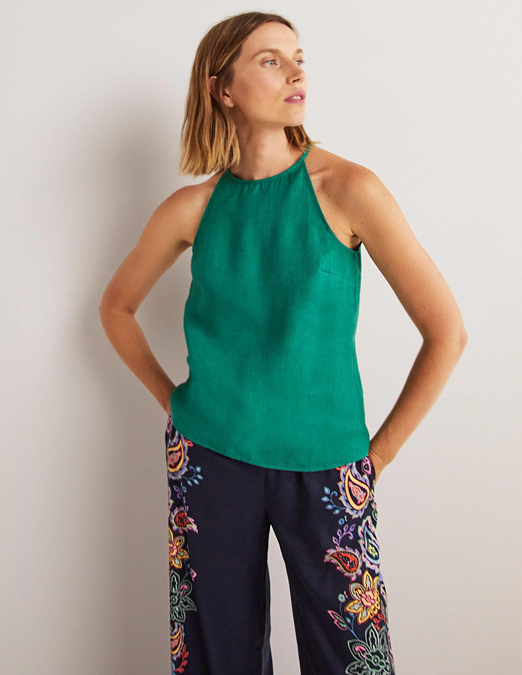 Strappy Halterneck Linen Top-Shady Glade Green - Image 2