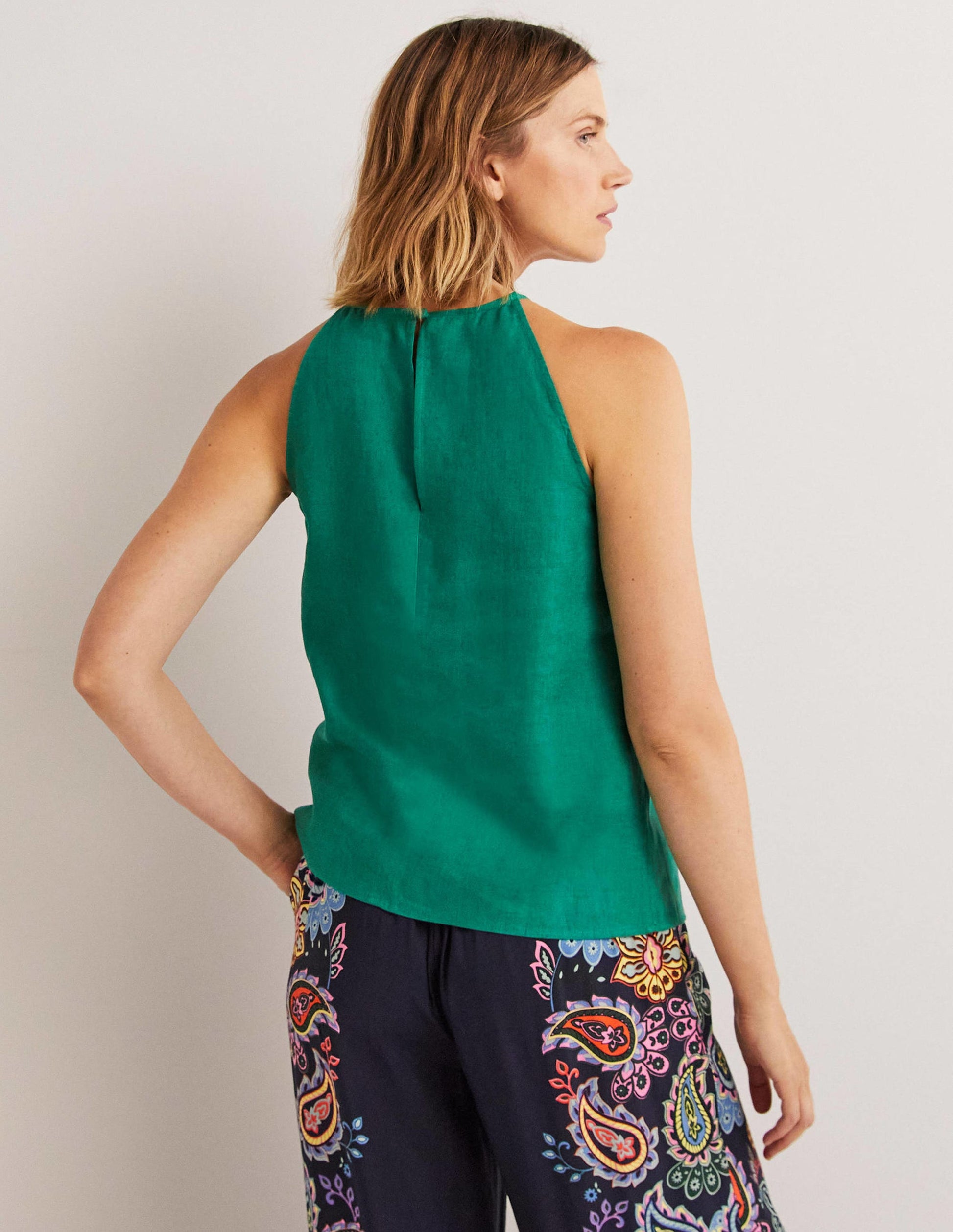 Strappy Halterneck Linen Top-Shady Glade Green-4