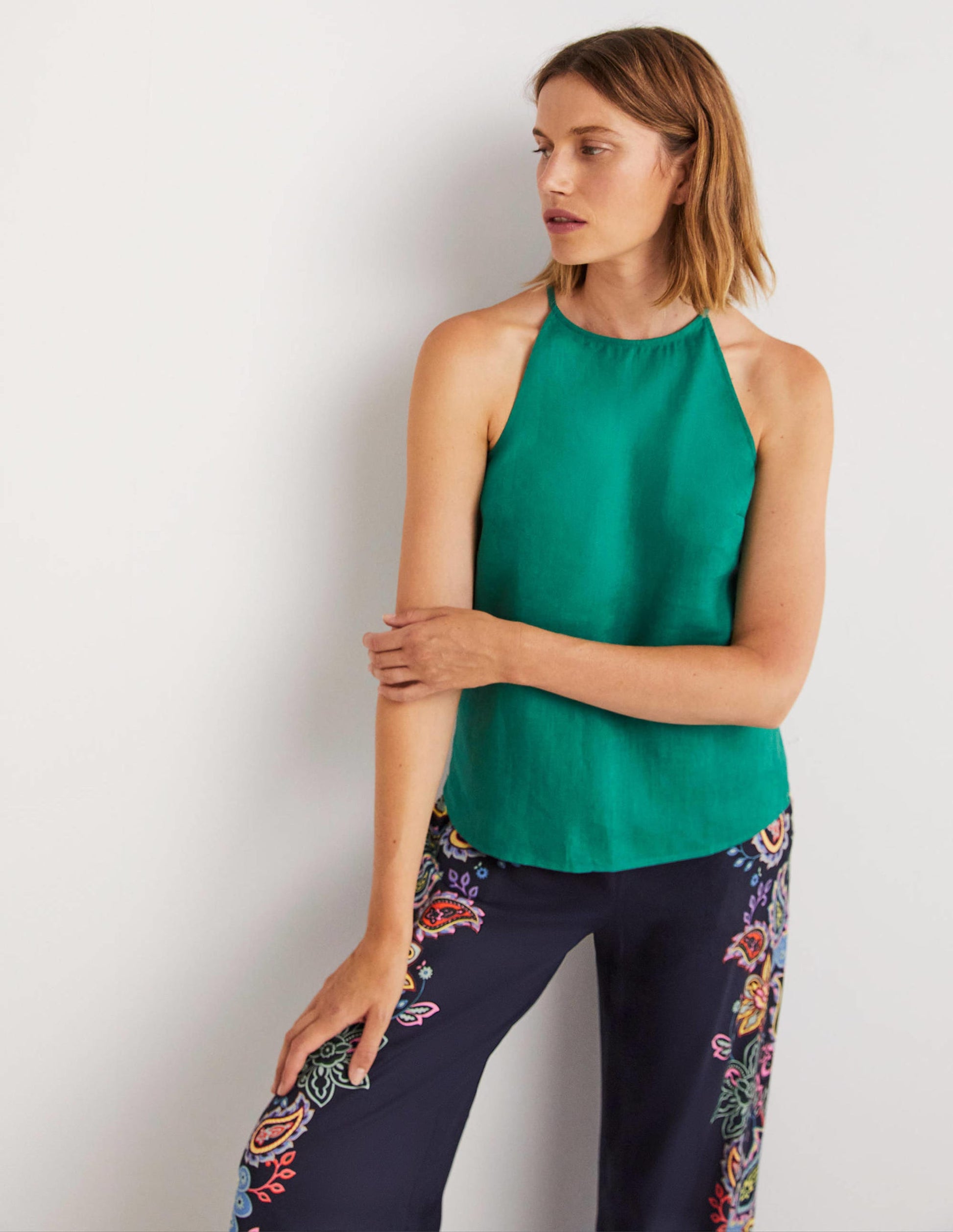 Strappy Halterneck Linen Top-Shady Glade Green-5