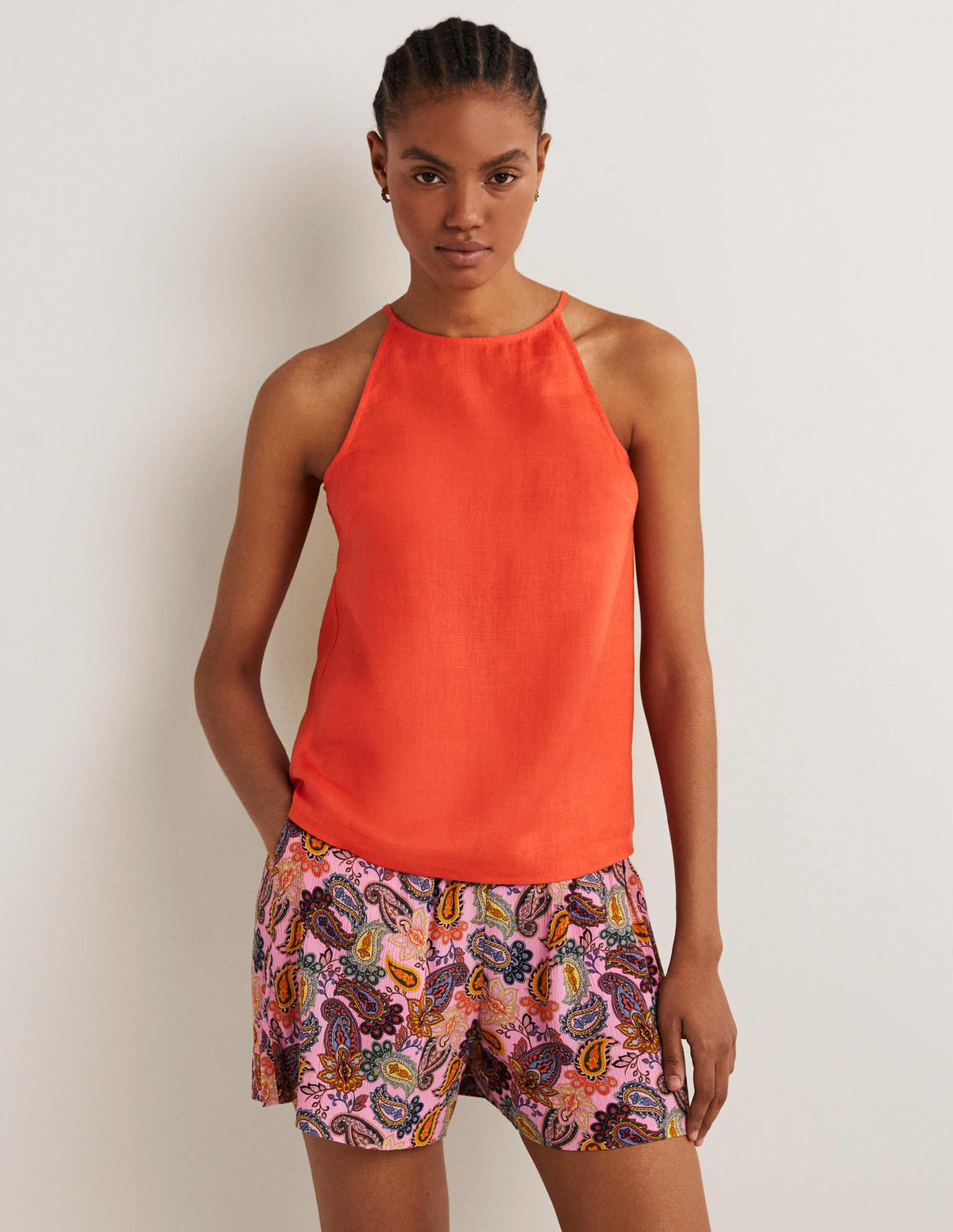 Strappy Halterneck Linen Top-Tigerlily Orange-1