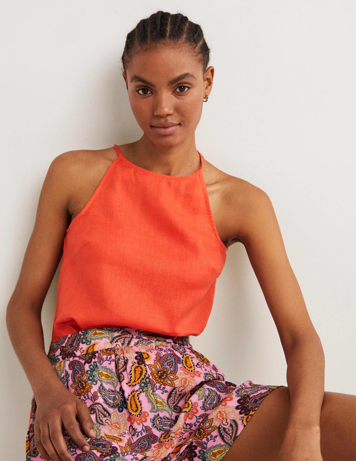 Strappy Halterneck Linen Top-Tigerlily Orange-4
