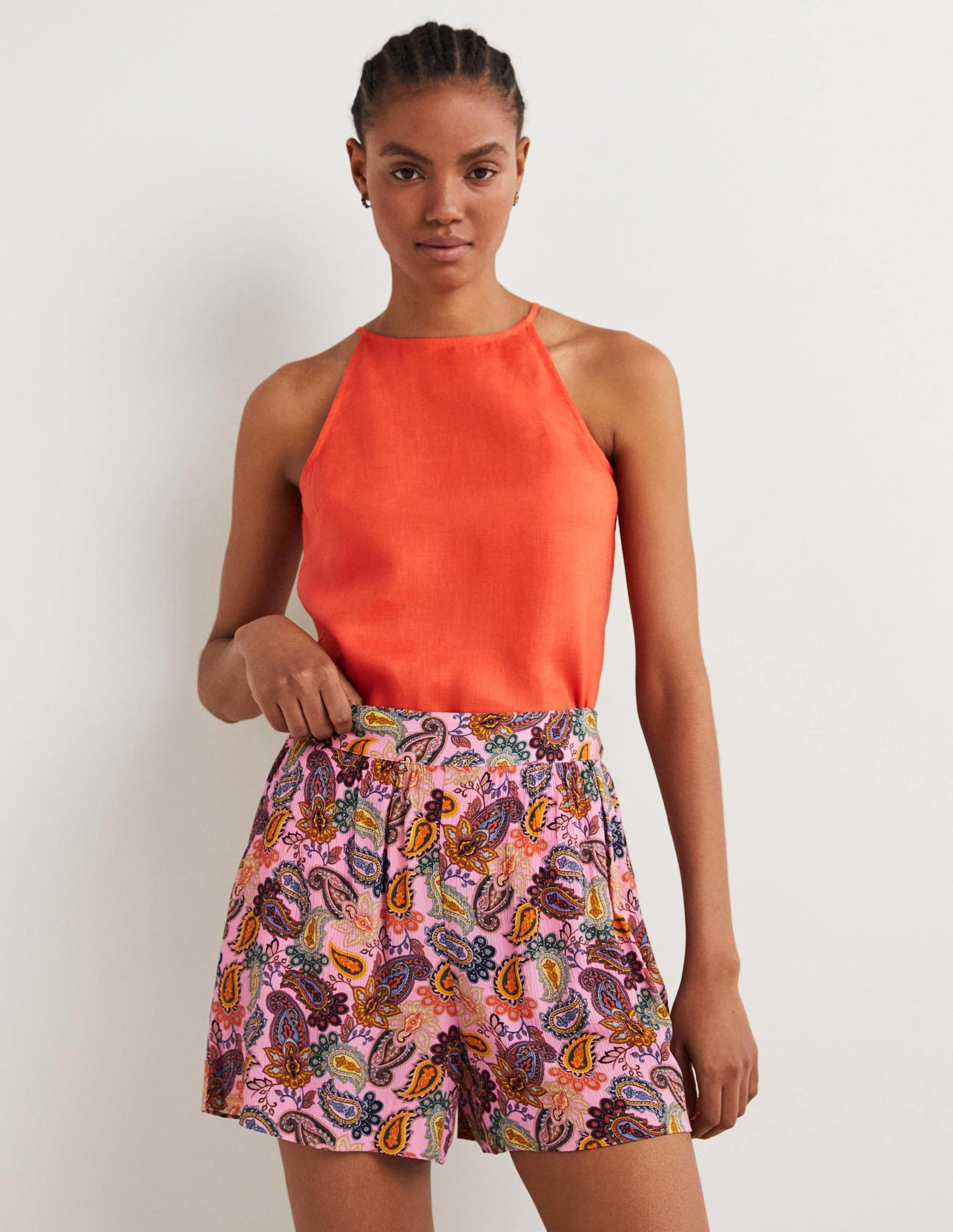 Strappy Halterneck Linen Top-Tigerlily Orange-5