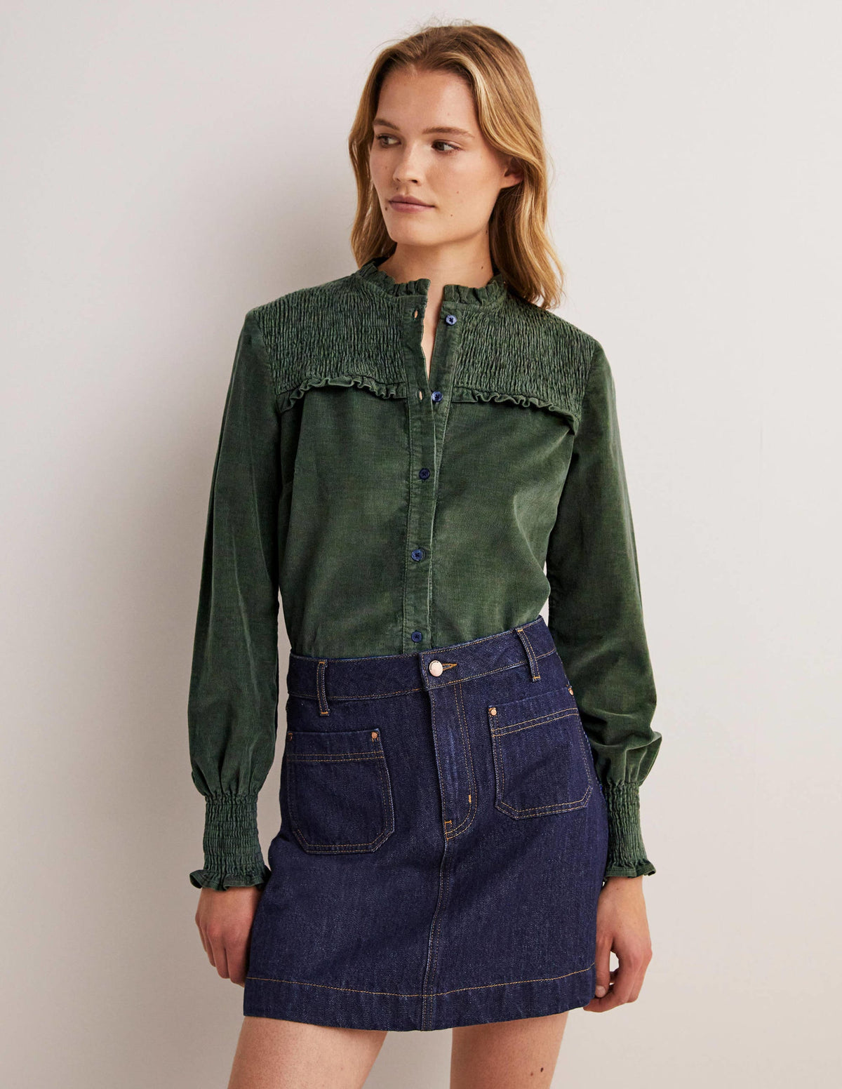 Smocked High Neck Shirt-Forest Green - Image 1