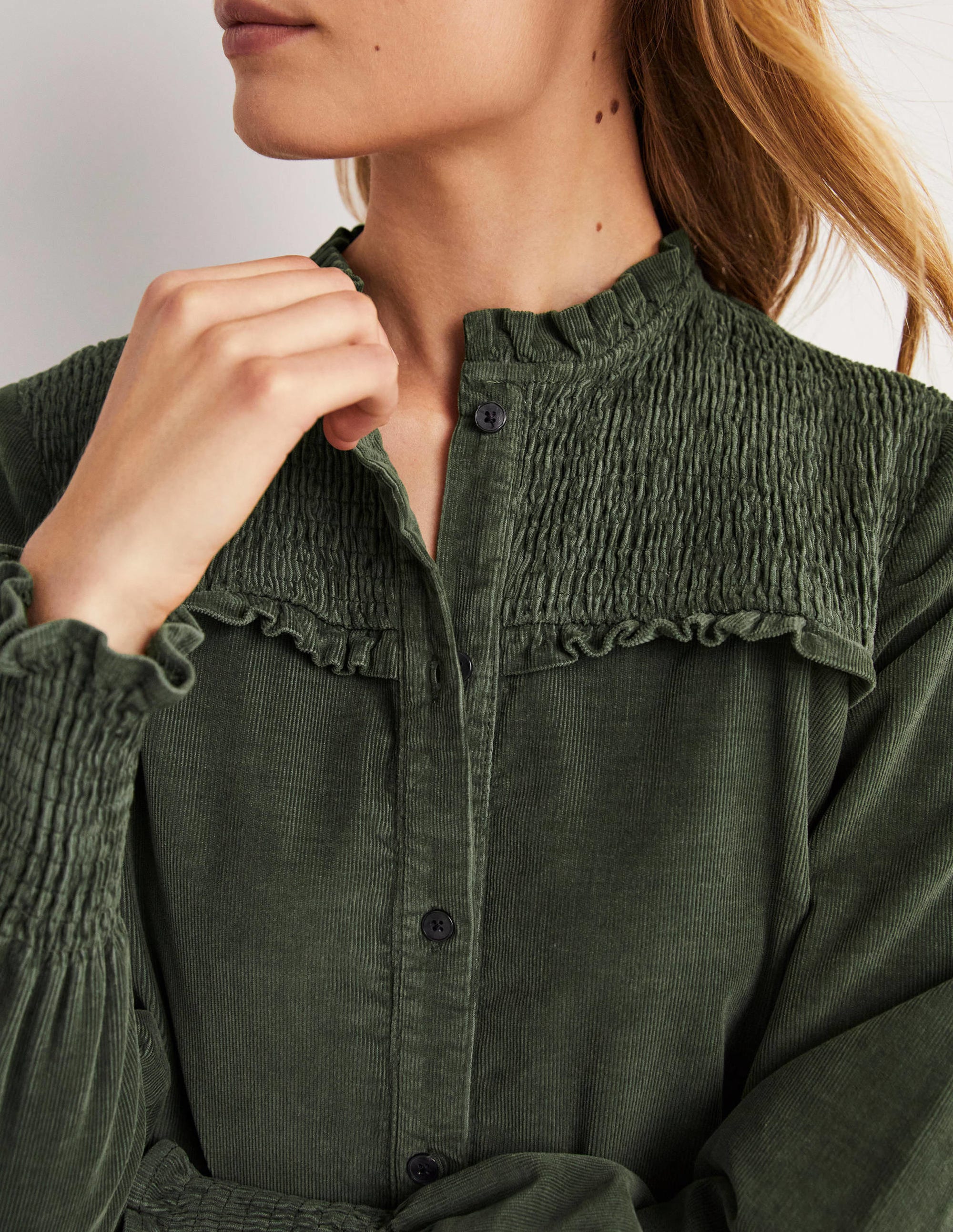 Smocked High Neck Shirt-Forest Green - Image 2