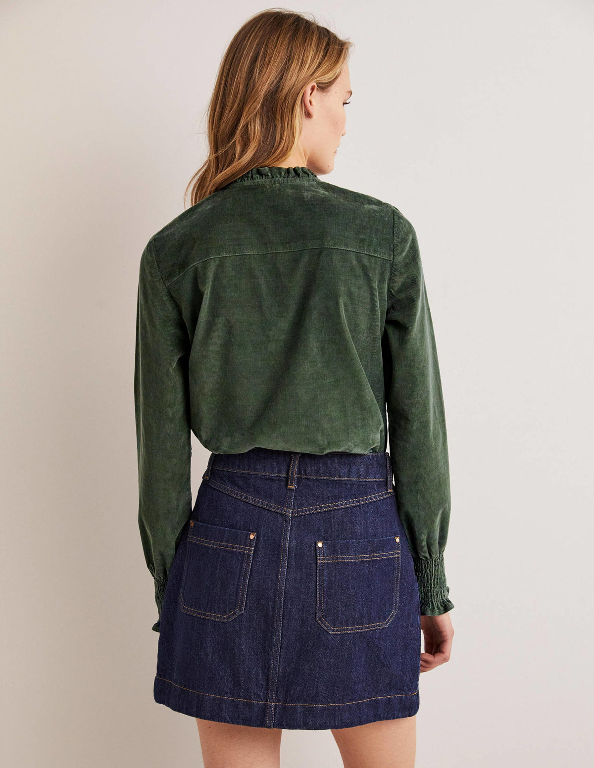 Smocked High Neck Shirt-Forest Green - Image 3