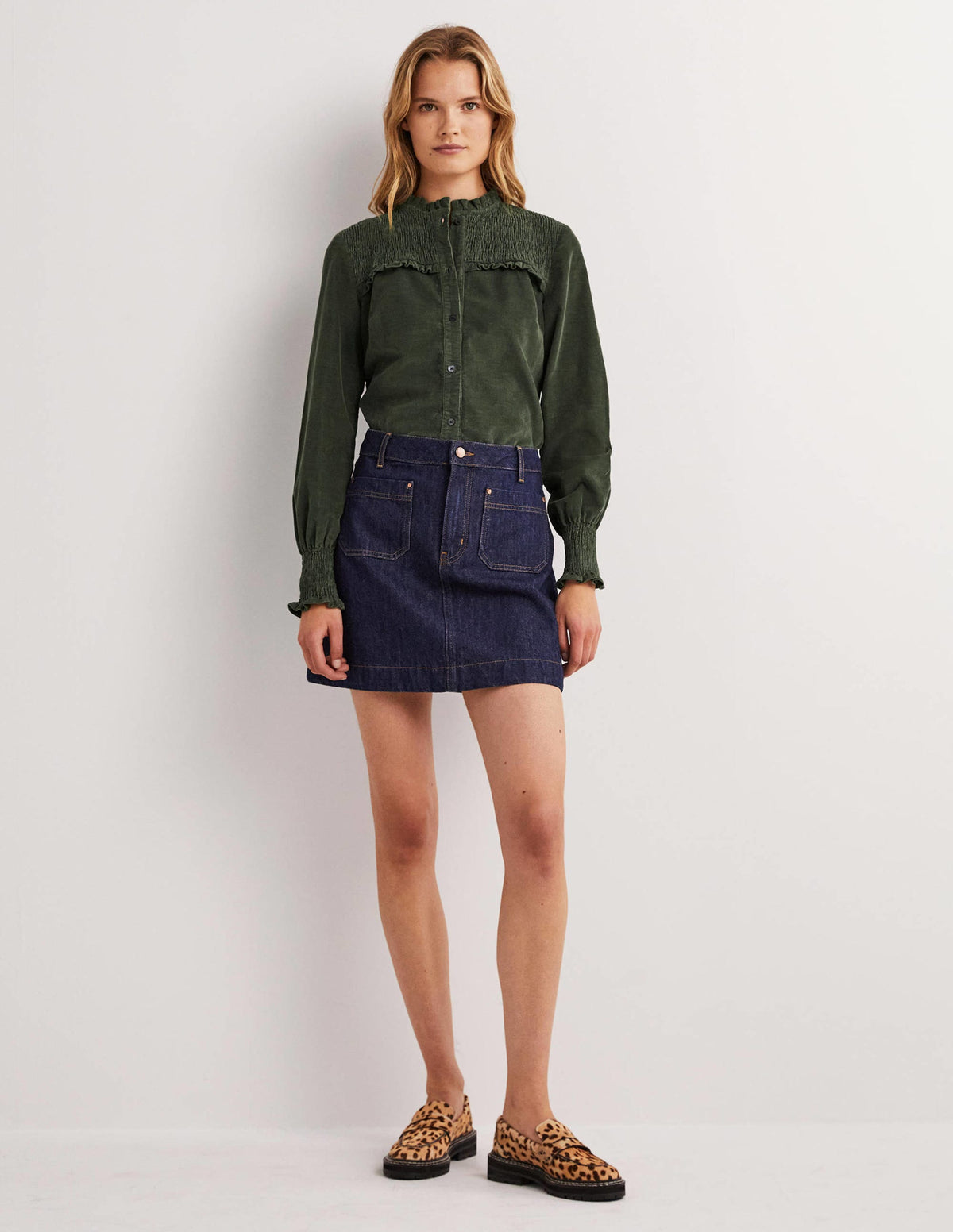 Smocked High Neck Shirt-Forest Green - Image 4