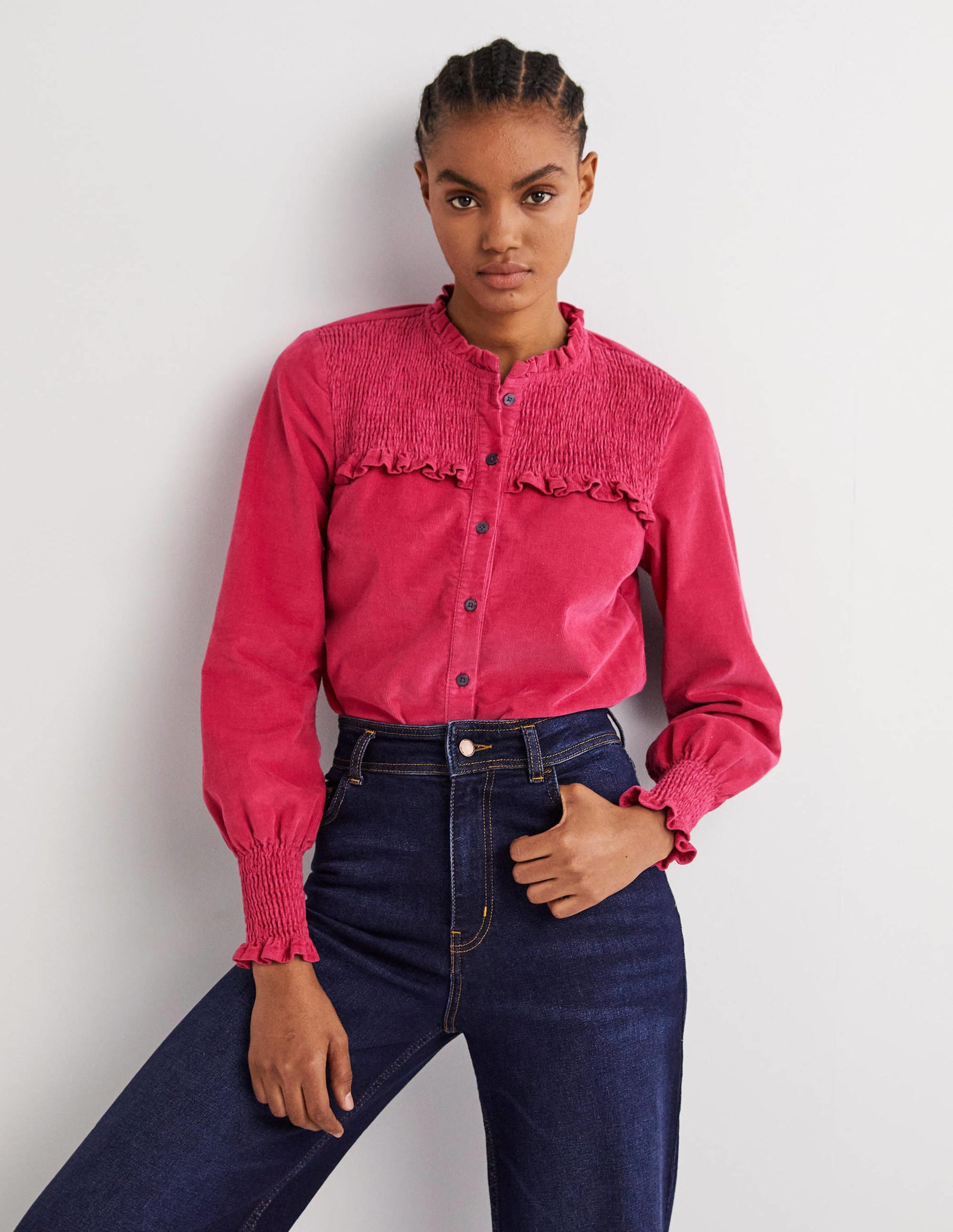 Smocked High Neck Shirt-Sweet Rose-1