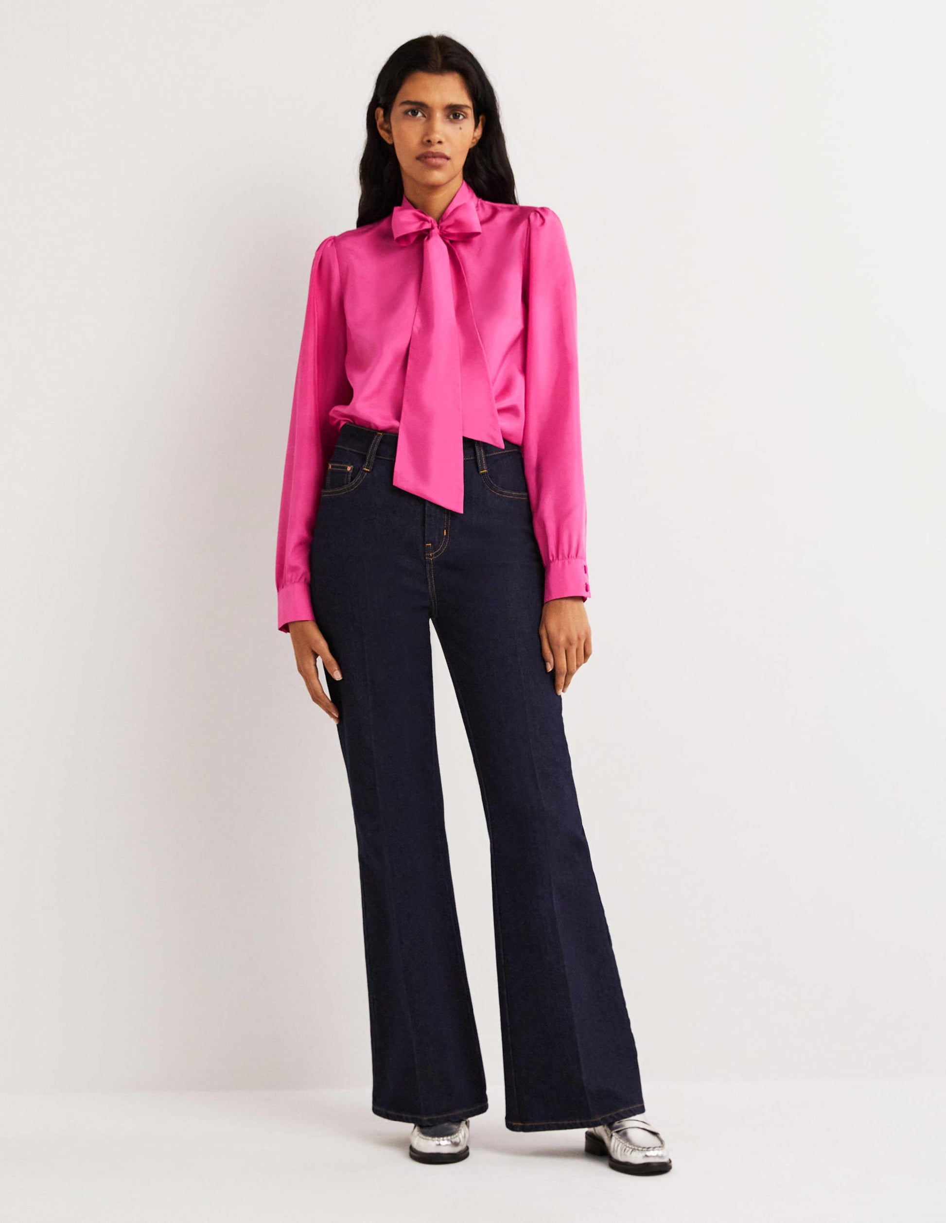 Silk Tie Neck Blouse-Wild Watermelon Pink-3