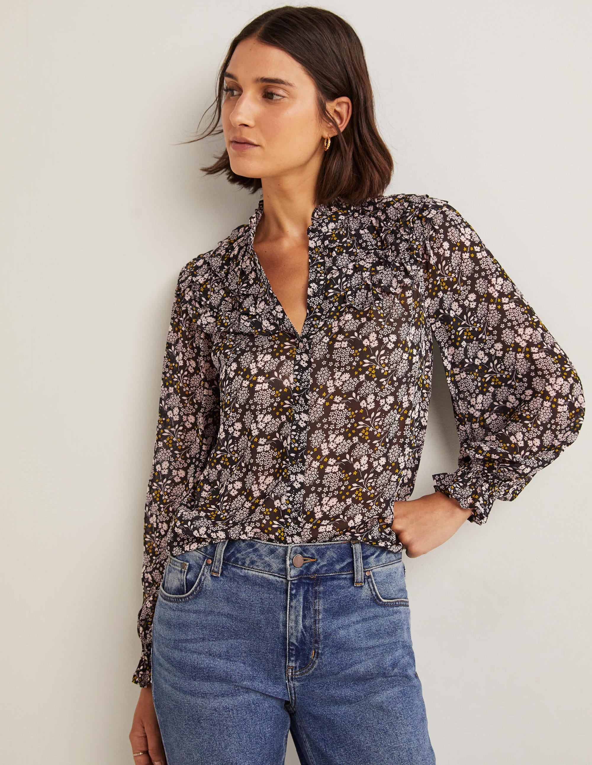 Ruffle Neck Shirt-Black, Prairie Garden - Image 1