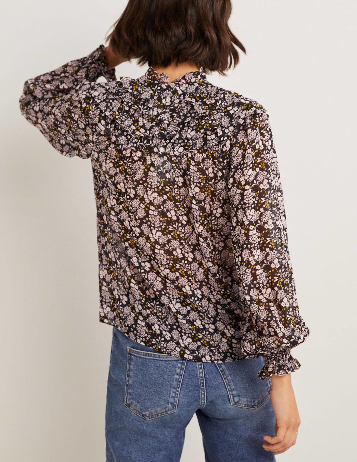 Ruffle Neck Shirt-Black, Prairie Garden-3