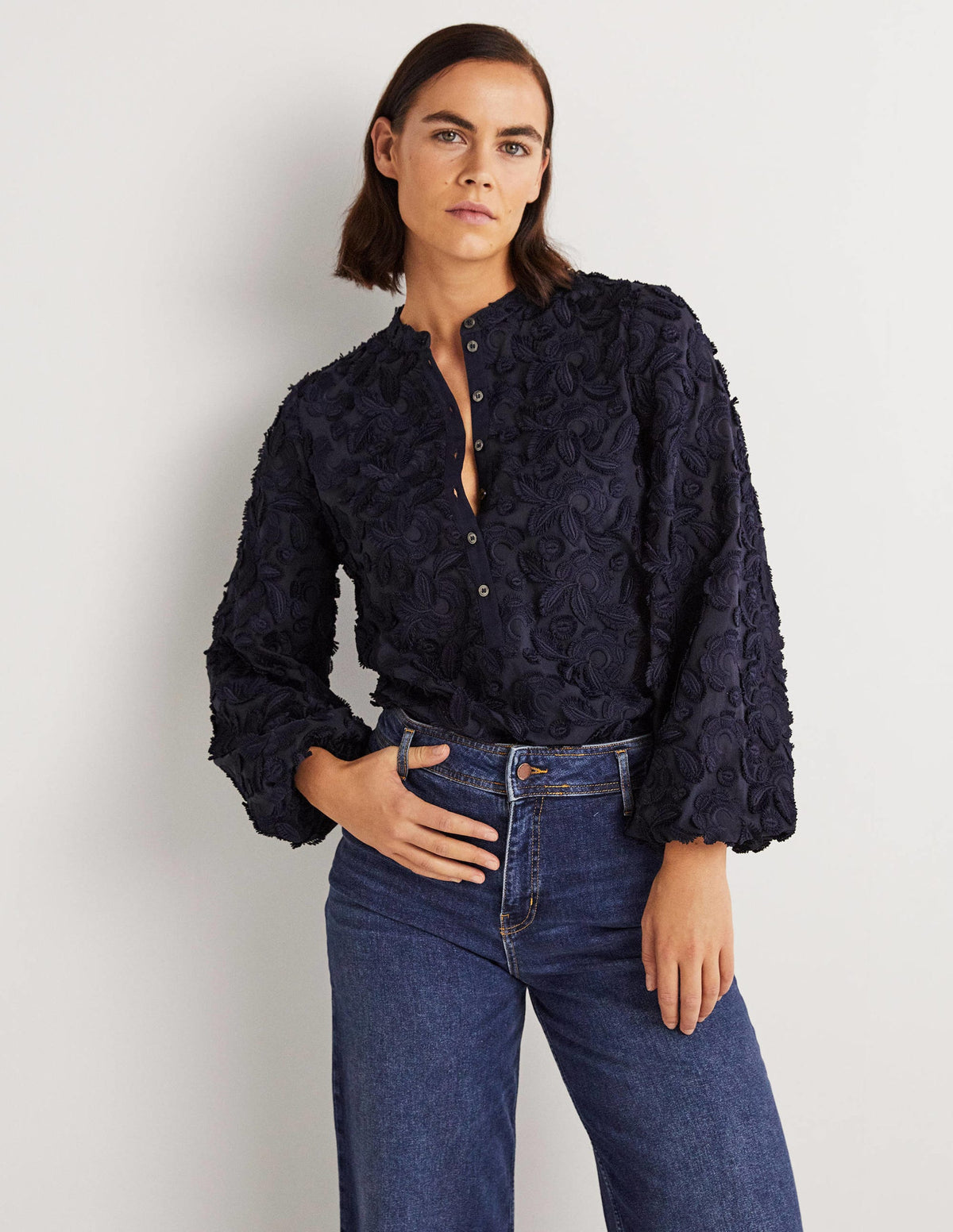 Textured Popover Blouse-Navy - Image 1
