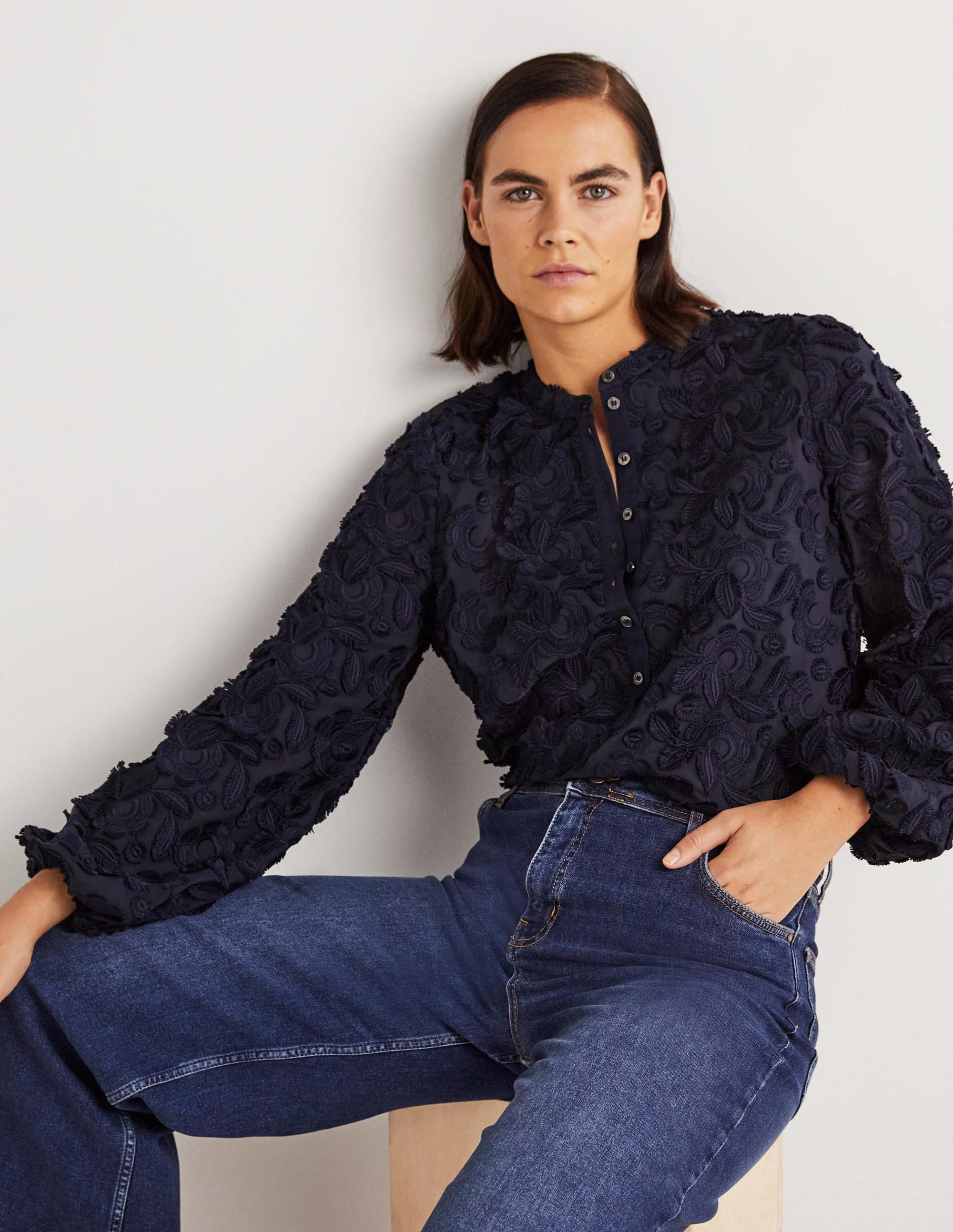 Textured Popover Blouse-Navy - Image 4